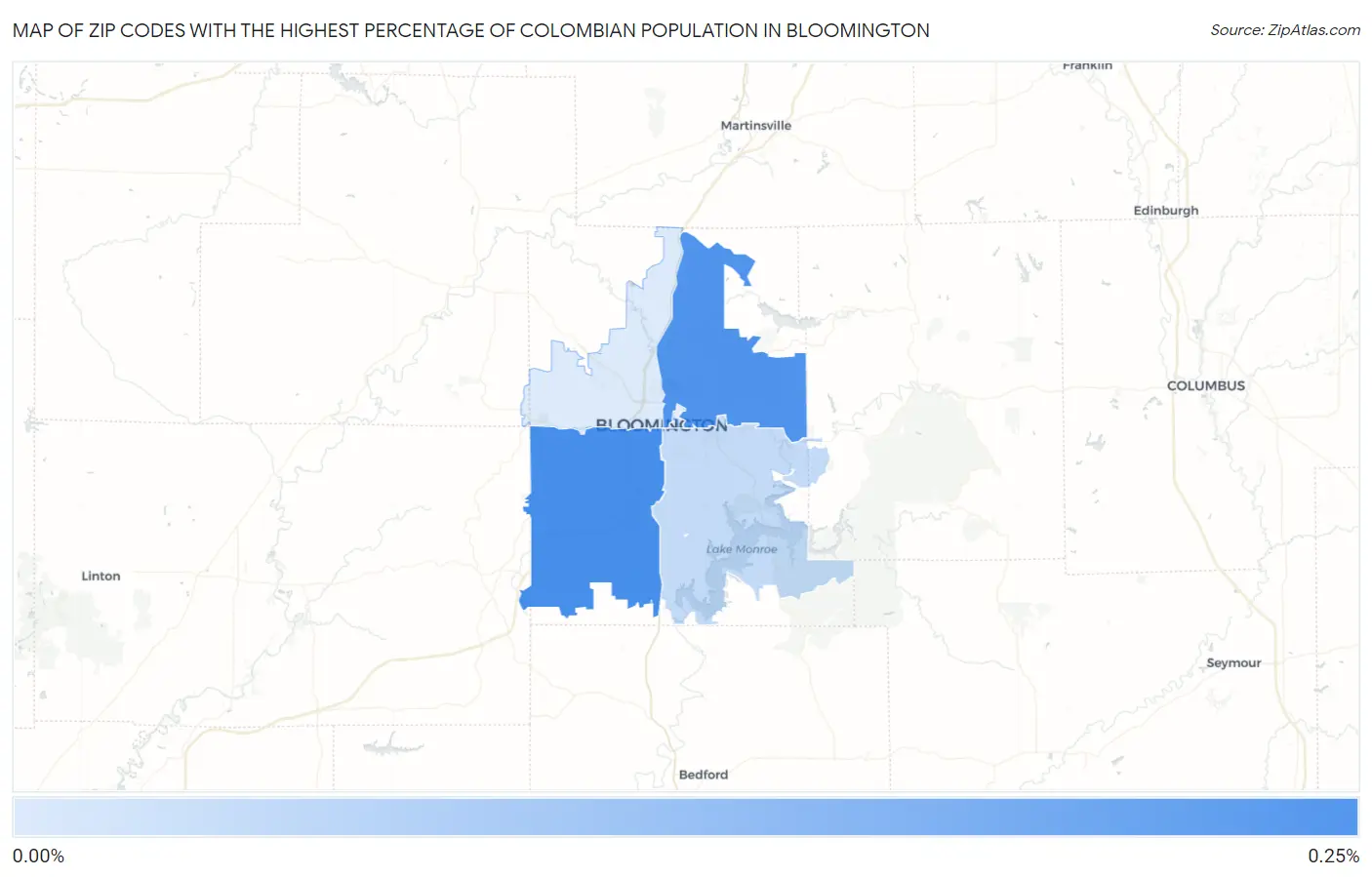 Zip Codes with the Highest Percentage of Colombian Population in Bloomington Map