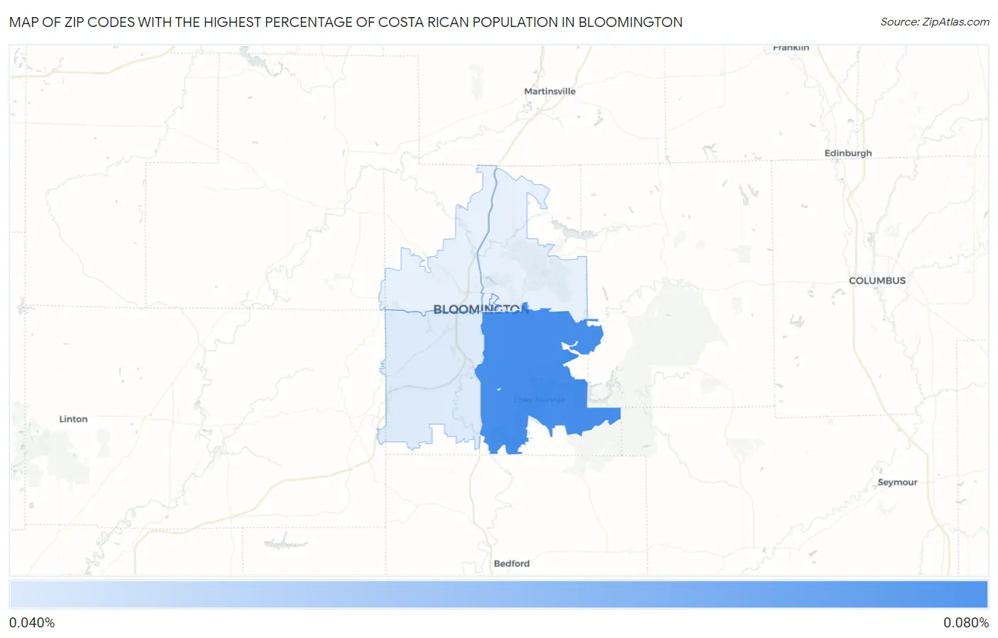 Zip Codes with the Highest Percentage of Costa Rican Population in Bloomington Map