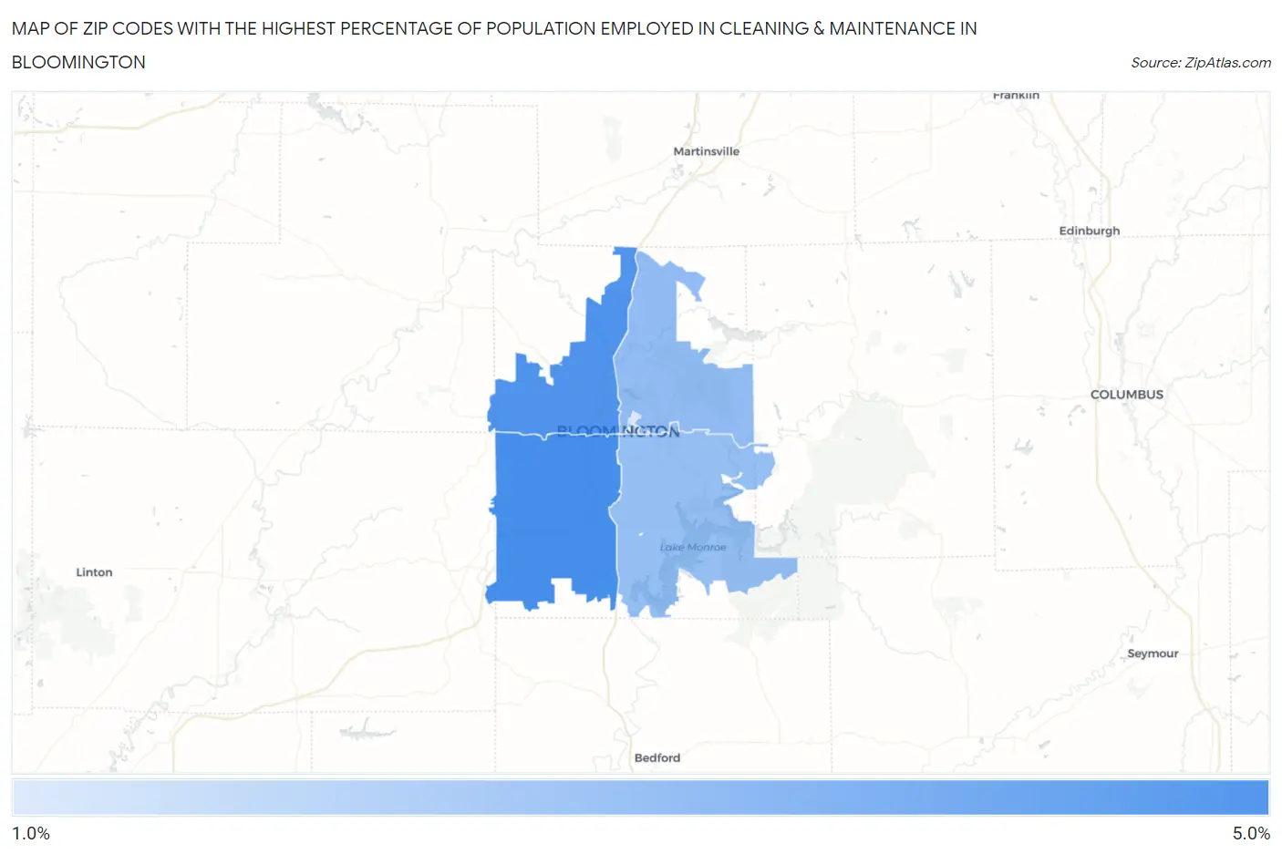 Zip Codes with the Highest Percentage of Population Employed in Cleaning & Maintenance in Bloomington Map