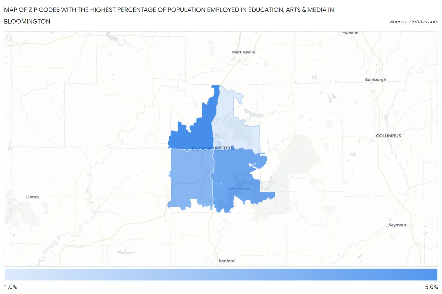 Zip Codes with the Highest Percentage of Population Employed in Education, Arts & Media in Bloomington Map