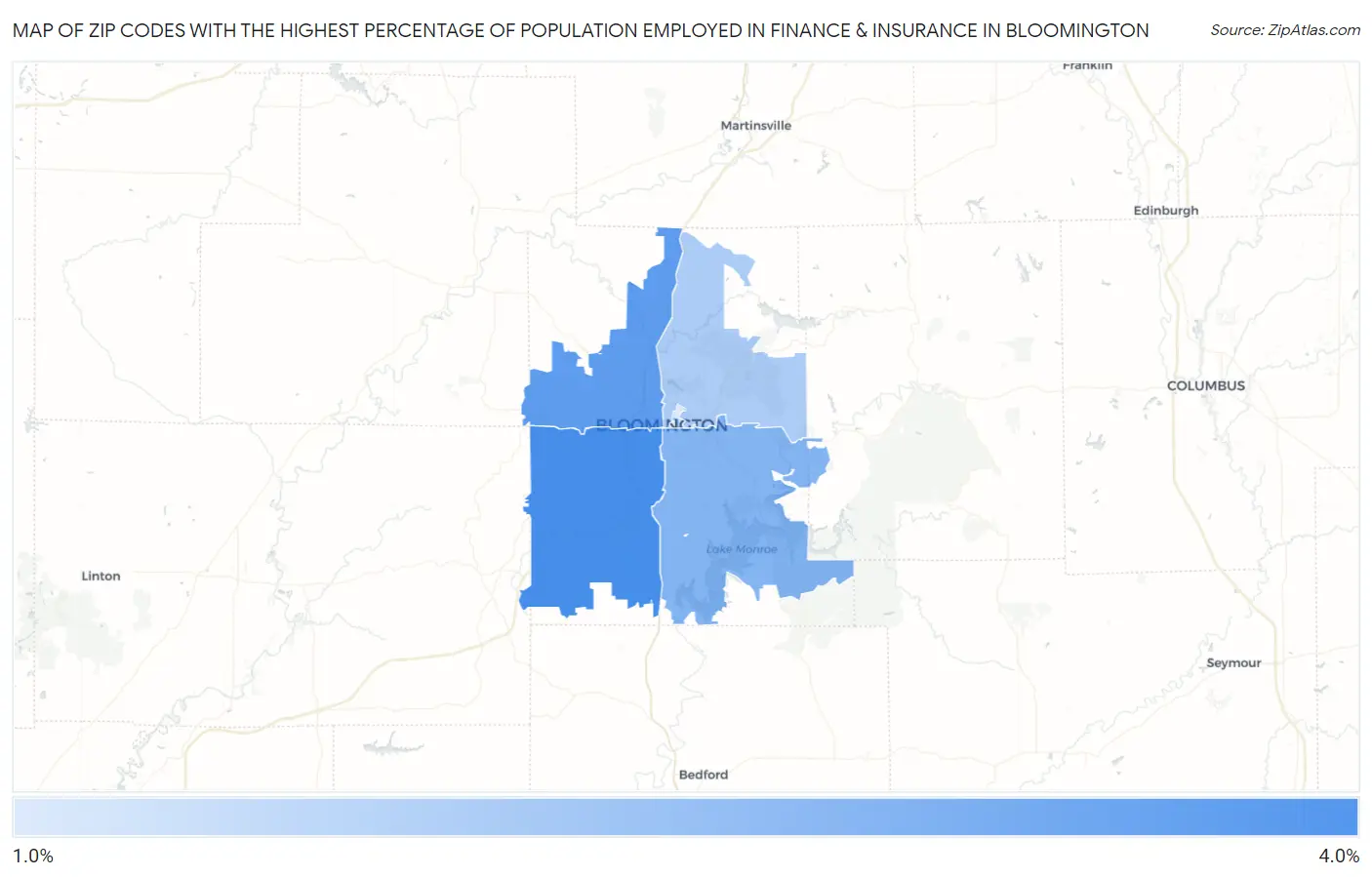 Zip Codes with the Highest Percentage of Population Employed in Finance & Insurance in Bloomington Map