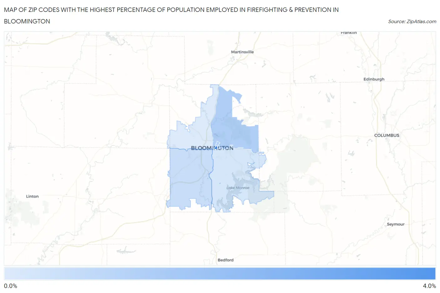 Zip Codes with the Highest Percentage of Population Employed in Firefighting & Prevention in Bloomington Map