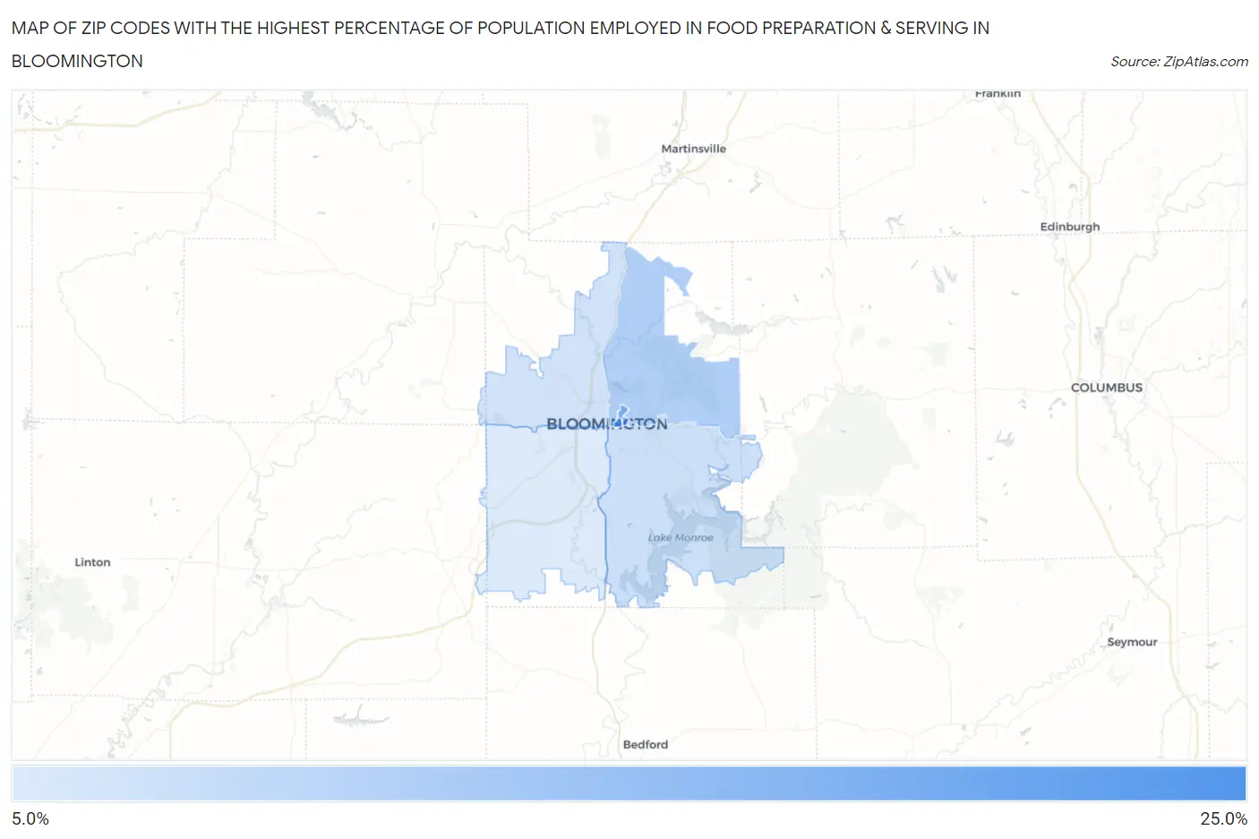 Zip Codes with the Highest Percentage of Population Employed in Food Preparation & Serving in Bloomington Map