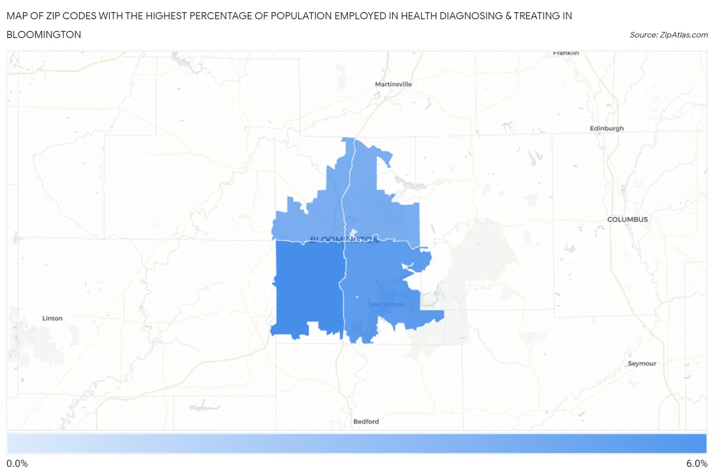 Zip Codes with the Highest Percentage of Population Employed in Health Diagnosing & Treating in Bloomington Map
