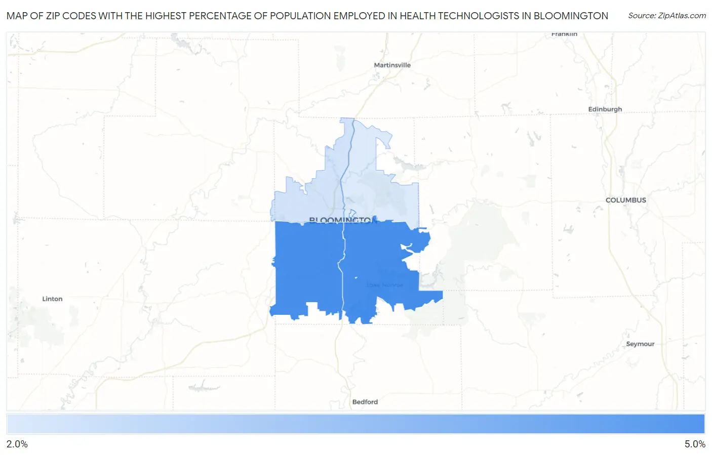 Zip Codes with the Highest Percentage of Population Employed in Health Technologists in Bloomington Map