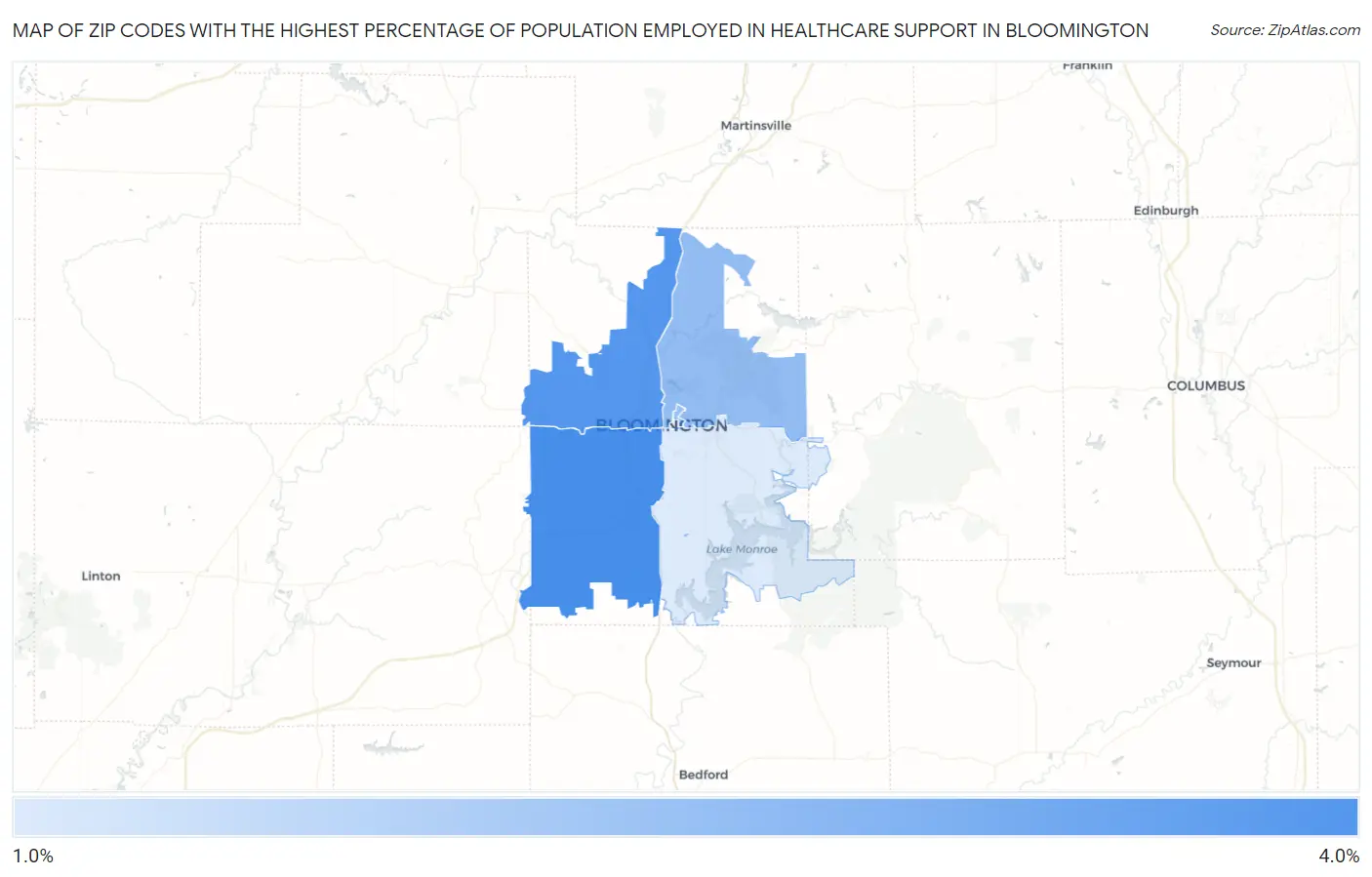 Zip Codes with the Highest Percentage of Population Employed in Healthcare Support in Bloomington Map