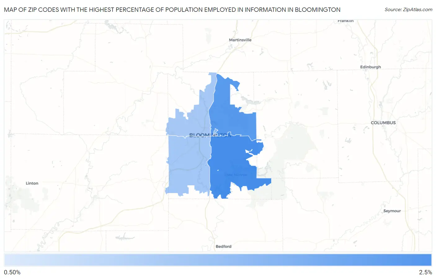 Zip Codes with the Highest Percentage of Population Employed in Information in Bloomington Map