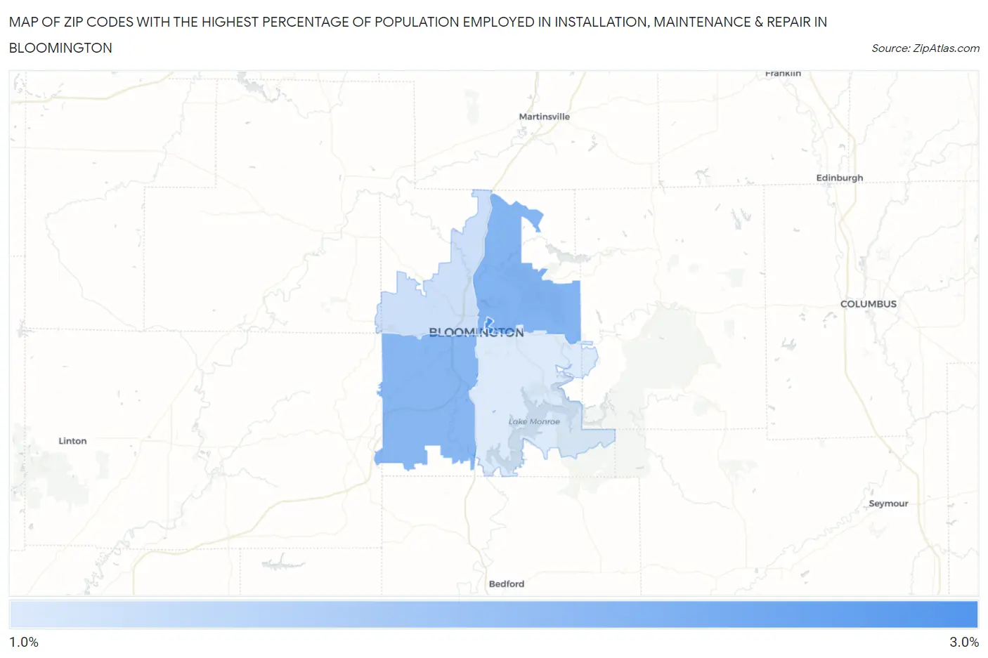 Zip Codes with the Highest Percentage of Population Employed in Installation, Maintenance & Repair in Bloomington Map