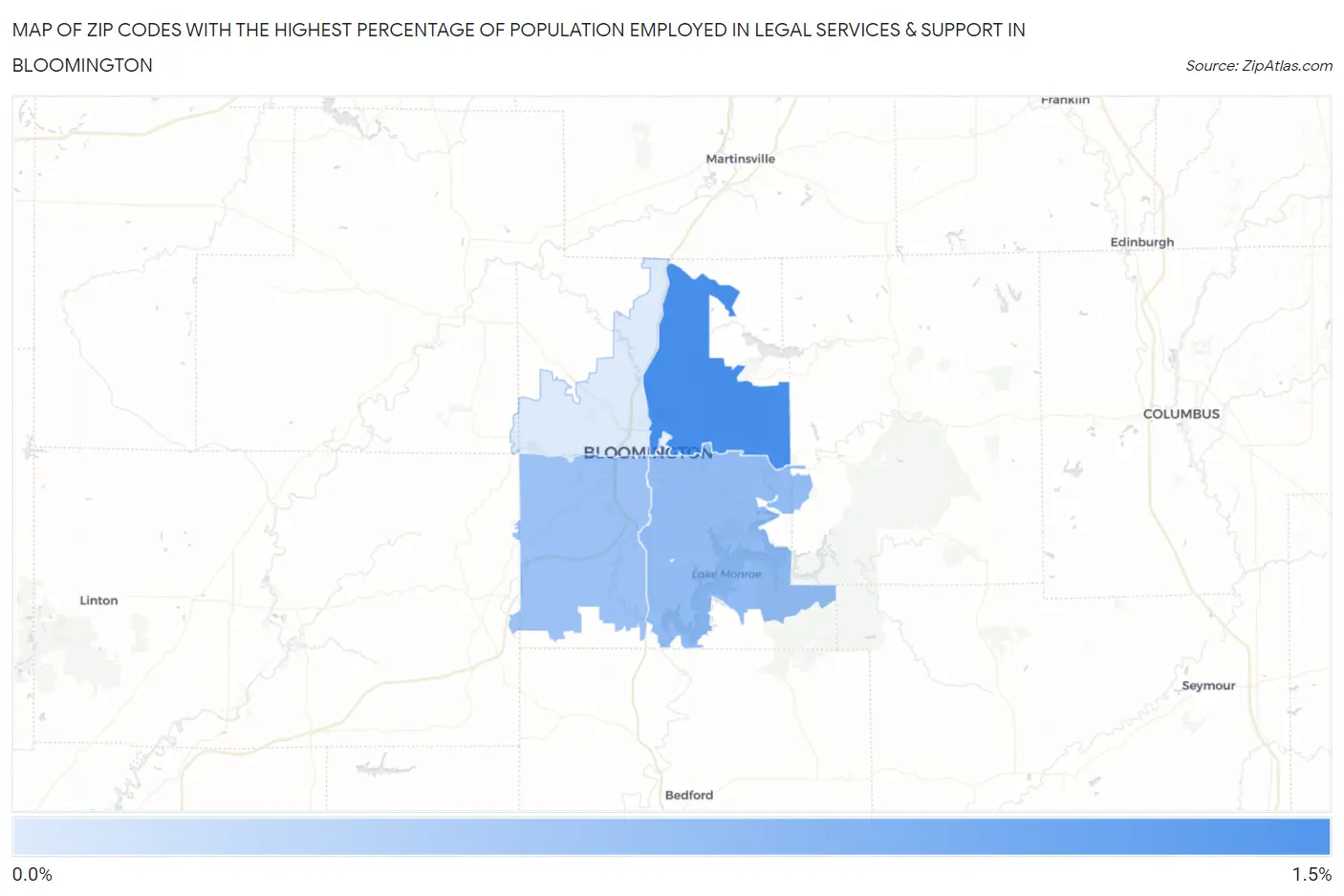 Zip Codes with the Highest Percentage of Population Employed in Legal Services & Support in Bloomington Map