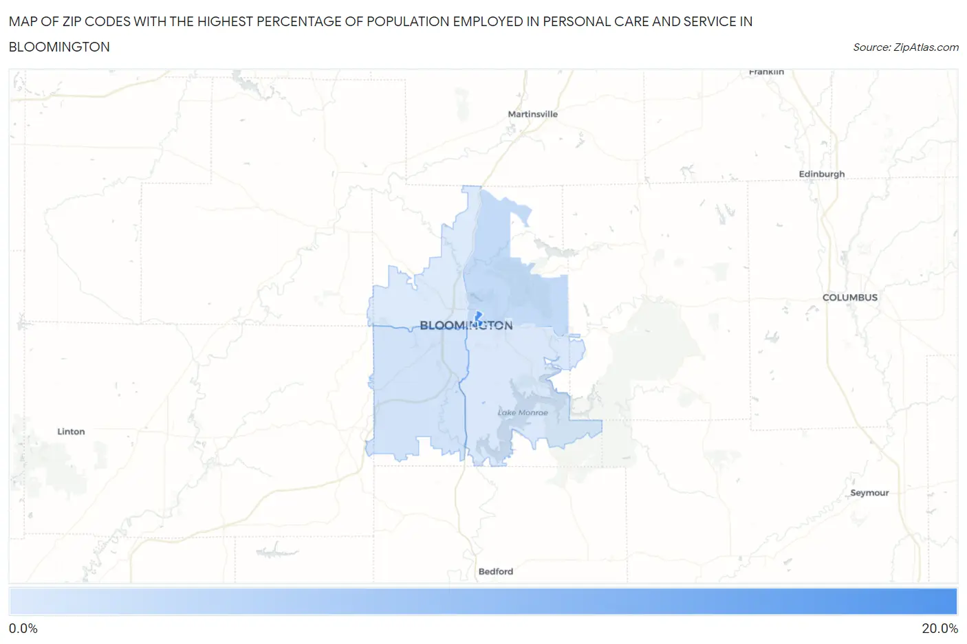Zip Codes with the Highest Percentage of Population Employed in Personal Care and Service in Bloomington Map