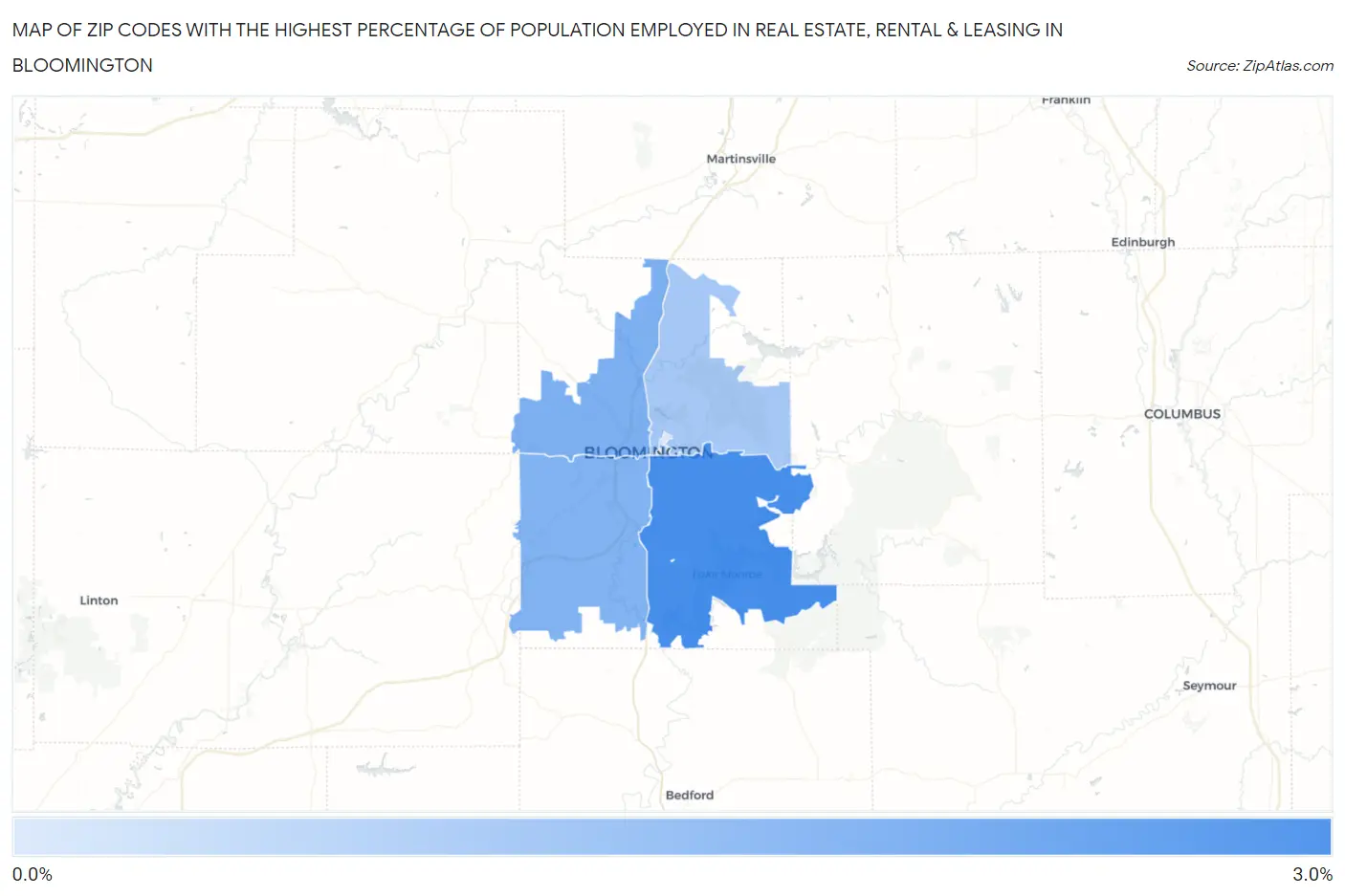Zip Codes with the Highest Percentage of Population Employed in Real Estate, Rental & Leasing in Bloomington Map