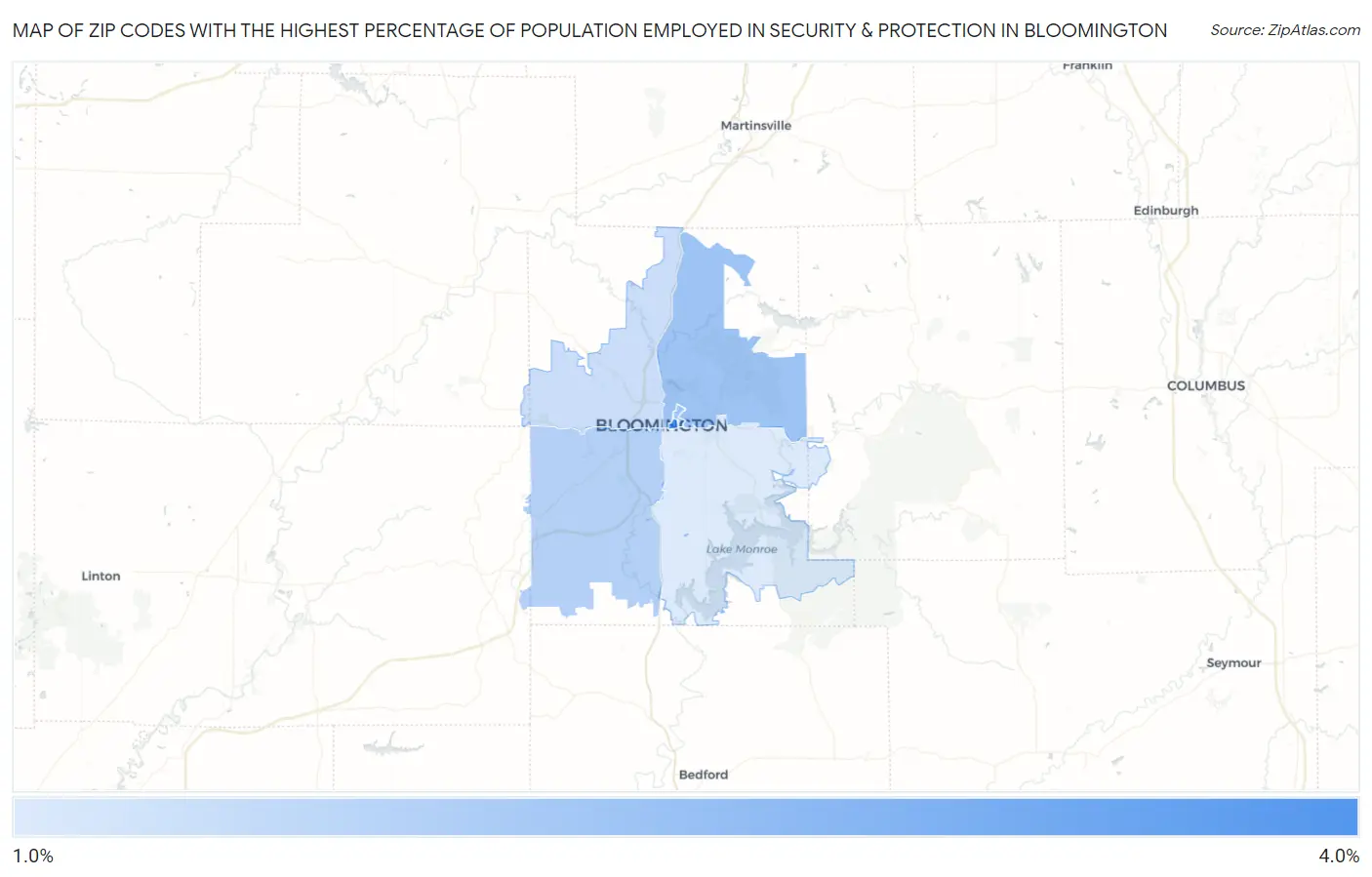 Zip Codes with the Highest Percentage of Population Employed in Security & Protection in Bloomington Map
