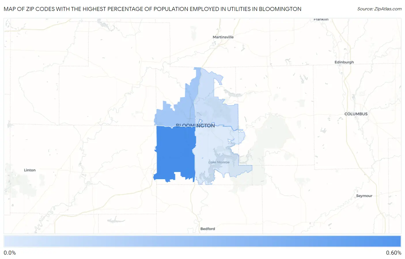 Zip Codes with the Highest Percentage of Population Employed in Utilities in Bloomington Map