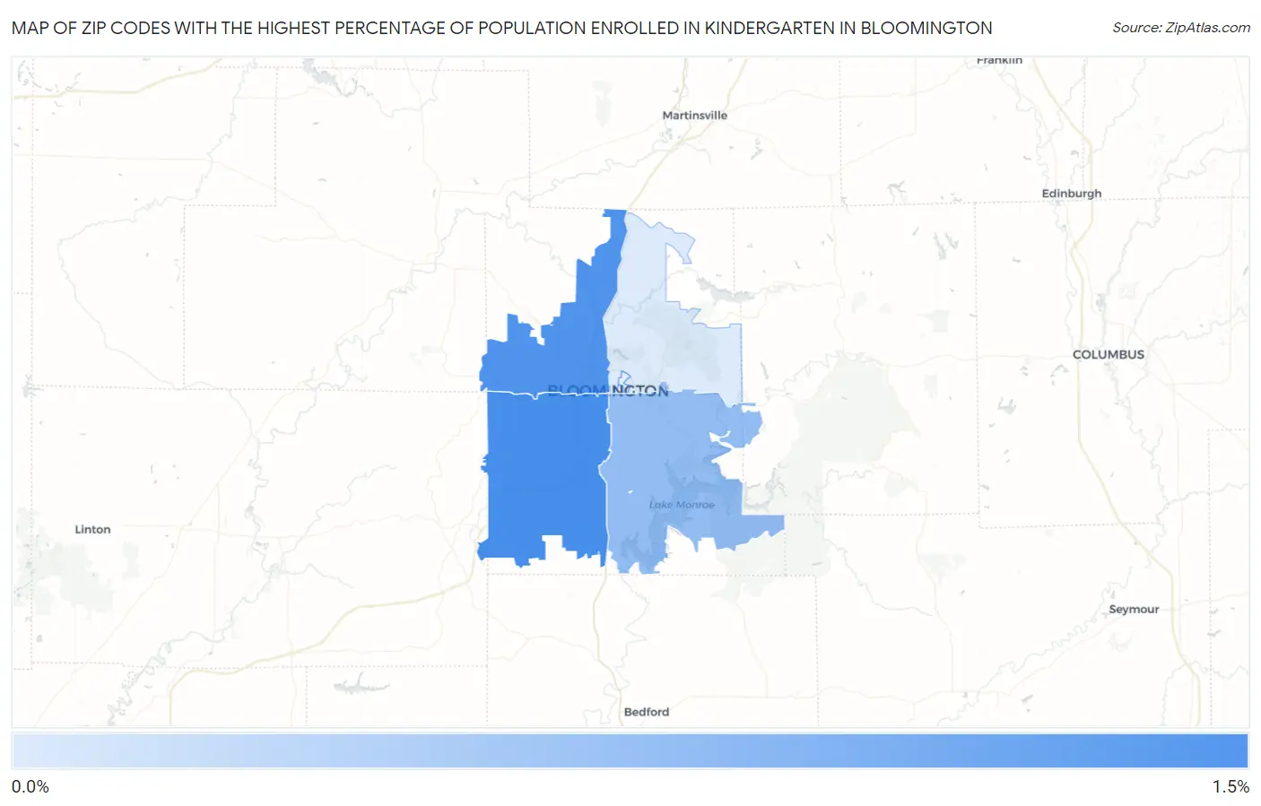 Zip Codes with the Highest Percentage of Population Enrolled in Kindergarten in Bloomington Map