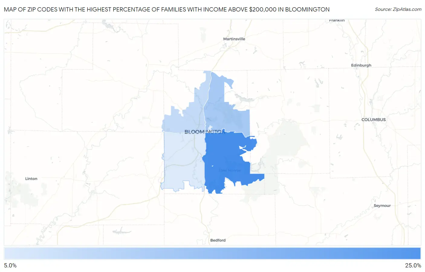 Zip Codes with the Highest Percentage of Families with Income Above $200,000 in Bloomington Map