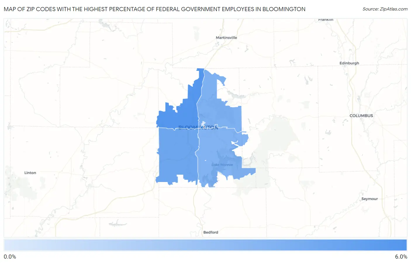 Zip Codes with the Highest Percentage of Federal Government Employees in Bloomington Map