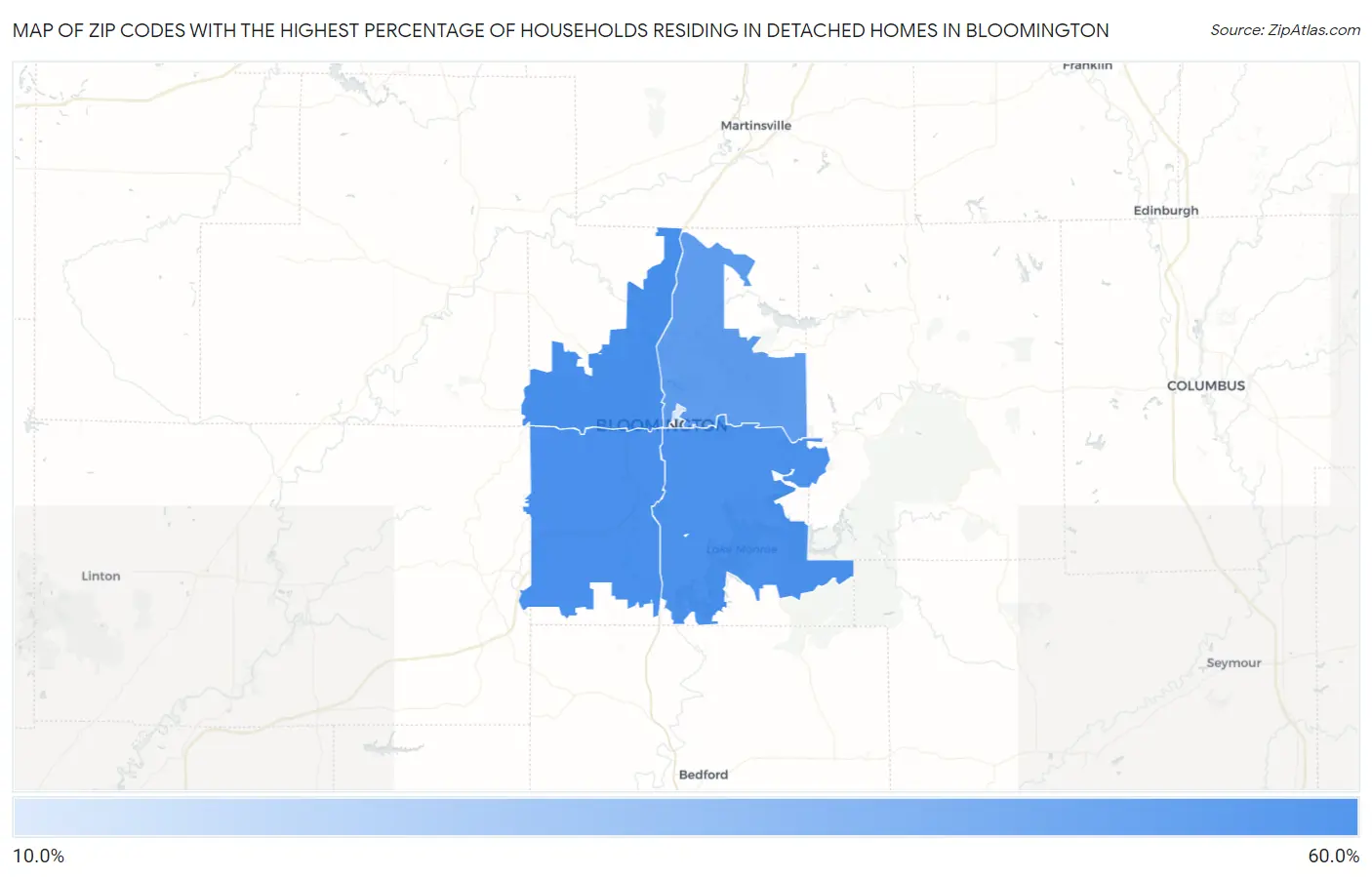 Zip Codes with the Highest Percentage of Households Residing in Detached Homes in Bloomington Map