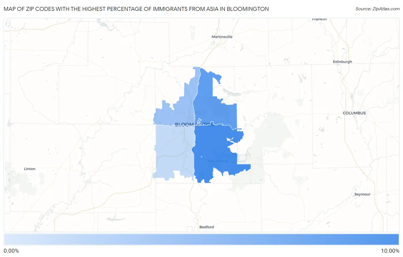 Zip Codes with the Highest Percentage of Immigrants from Asia in Bloomington Map
