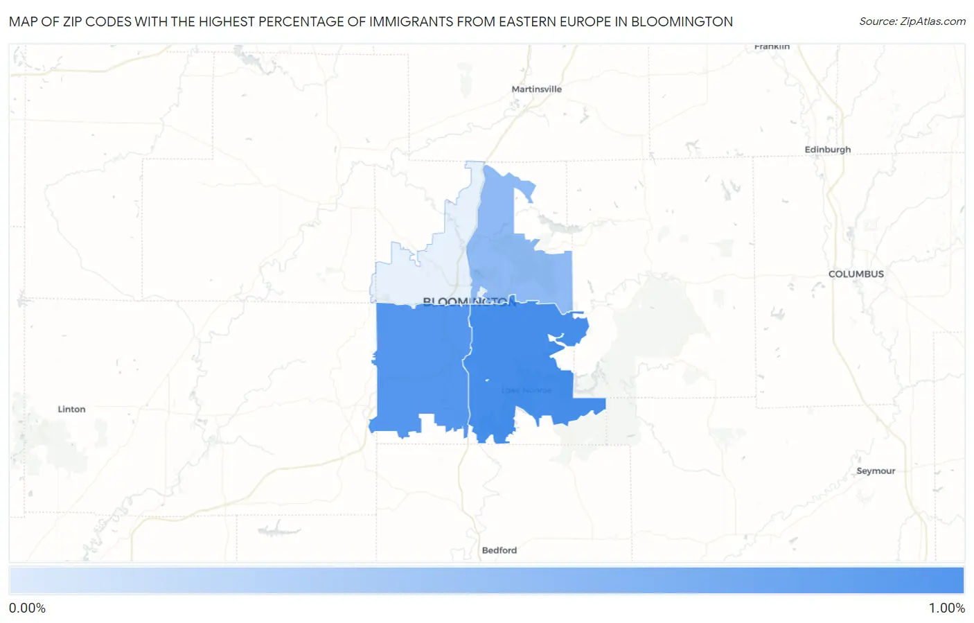 Zip Codes with the Highest Percentage of Immigrants from Eastern Europe in Bloomington Map