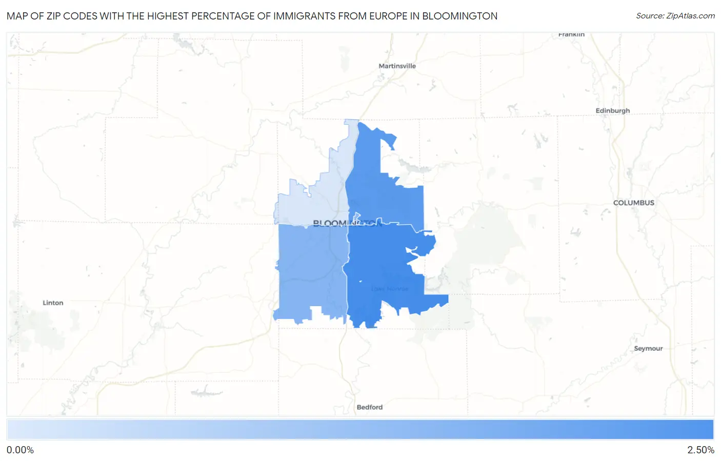 Zip Codes with the Highest Percentage of Immigrants from Europe in Bloomington Map