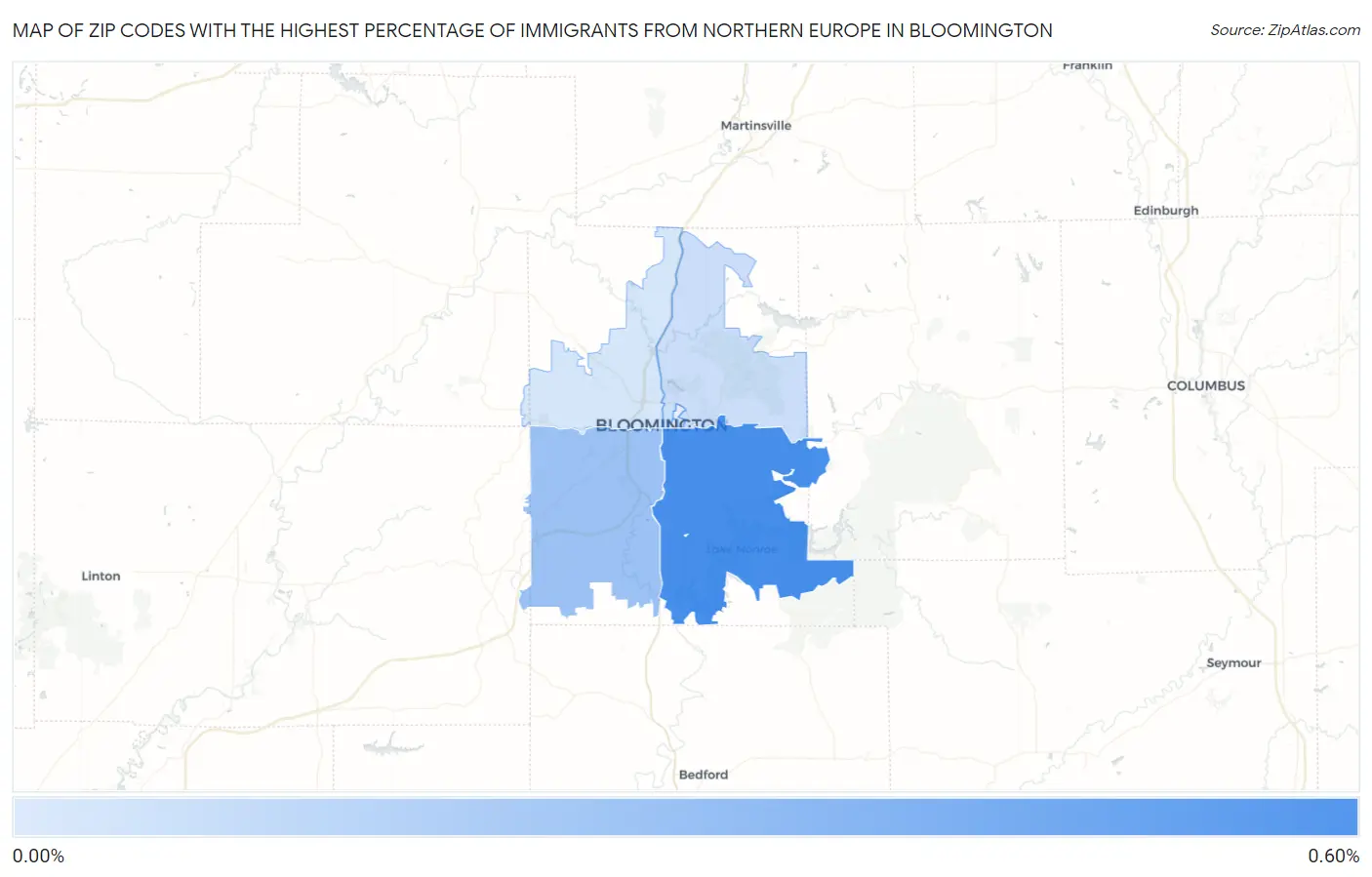 Zip Codes with the Highest Percentage of Immigrants from Northern Europe in Bloomington Map