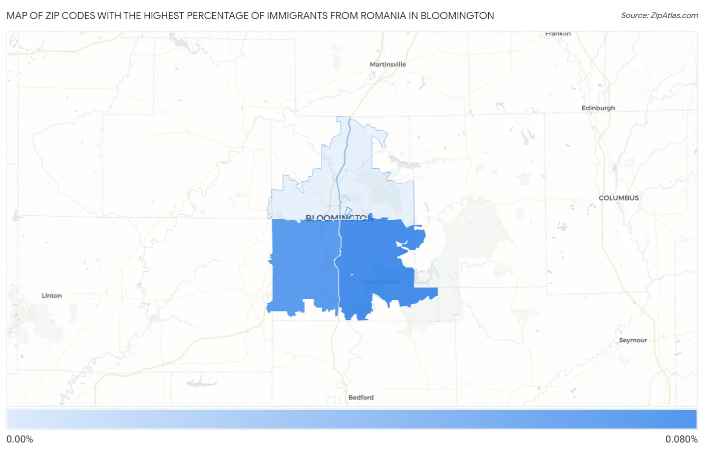 Zip Codes with the Highest Percentage of Immigrants from Romania in Bloomington Map