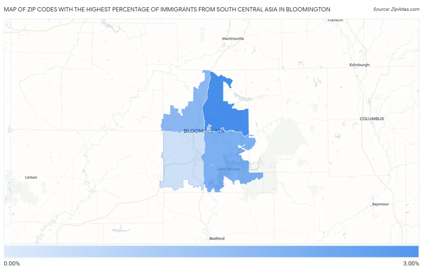 Zip Codes with the Highest Percentage of Immigrants from South Central Asia in Bloomington Map