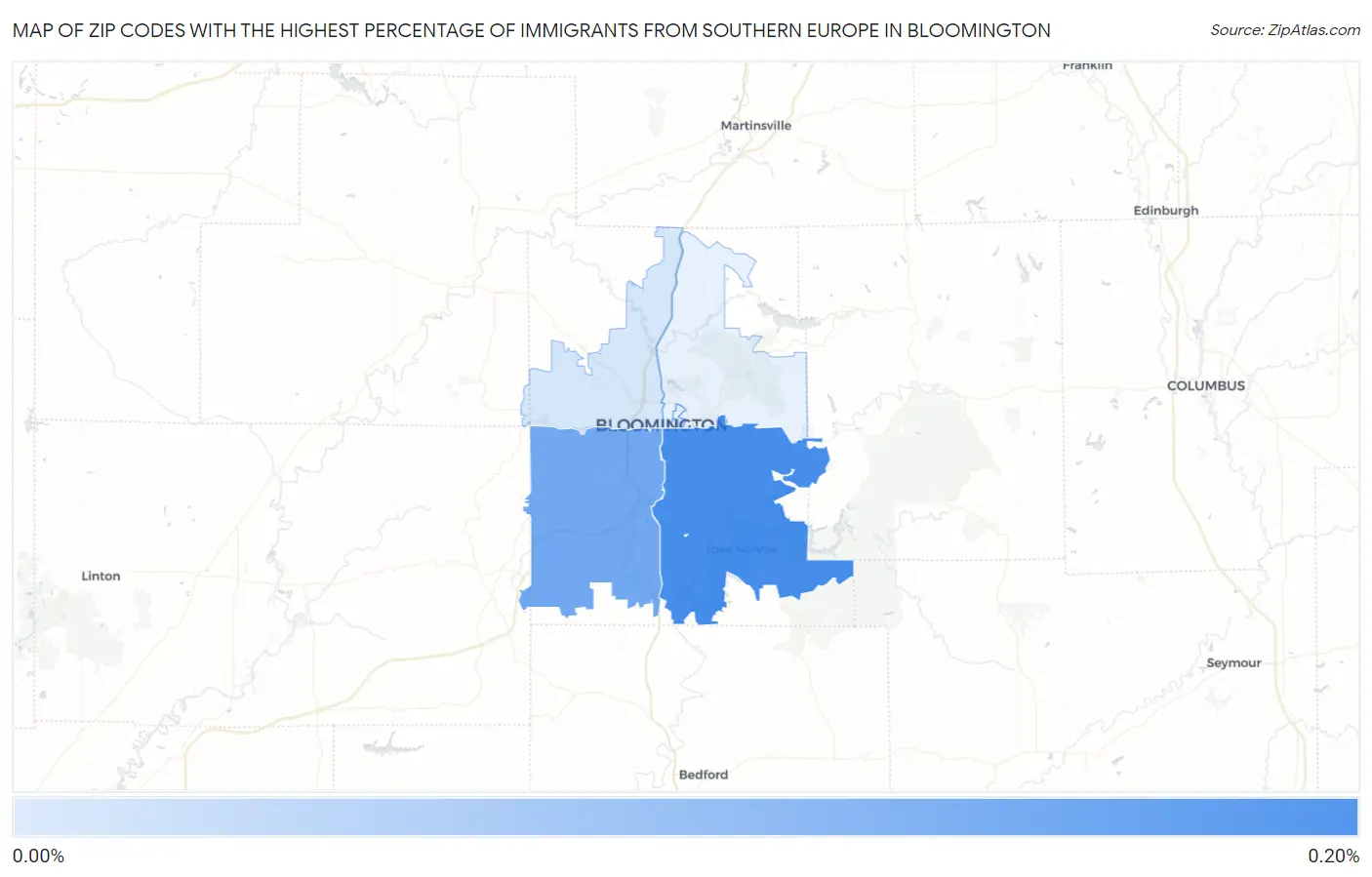 Zip Codes with the Highest Percentage of Immigrants from Southern Europe in Bloomington Map