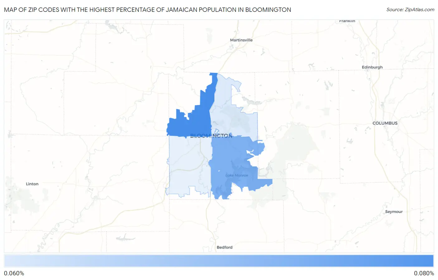 Zip Codes with the Highest Percentage of Jamaican Population in Bloomington Map