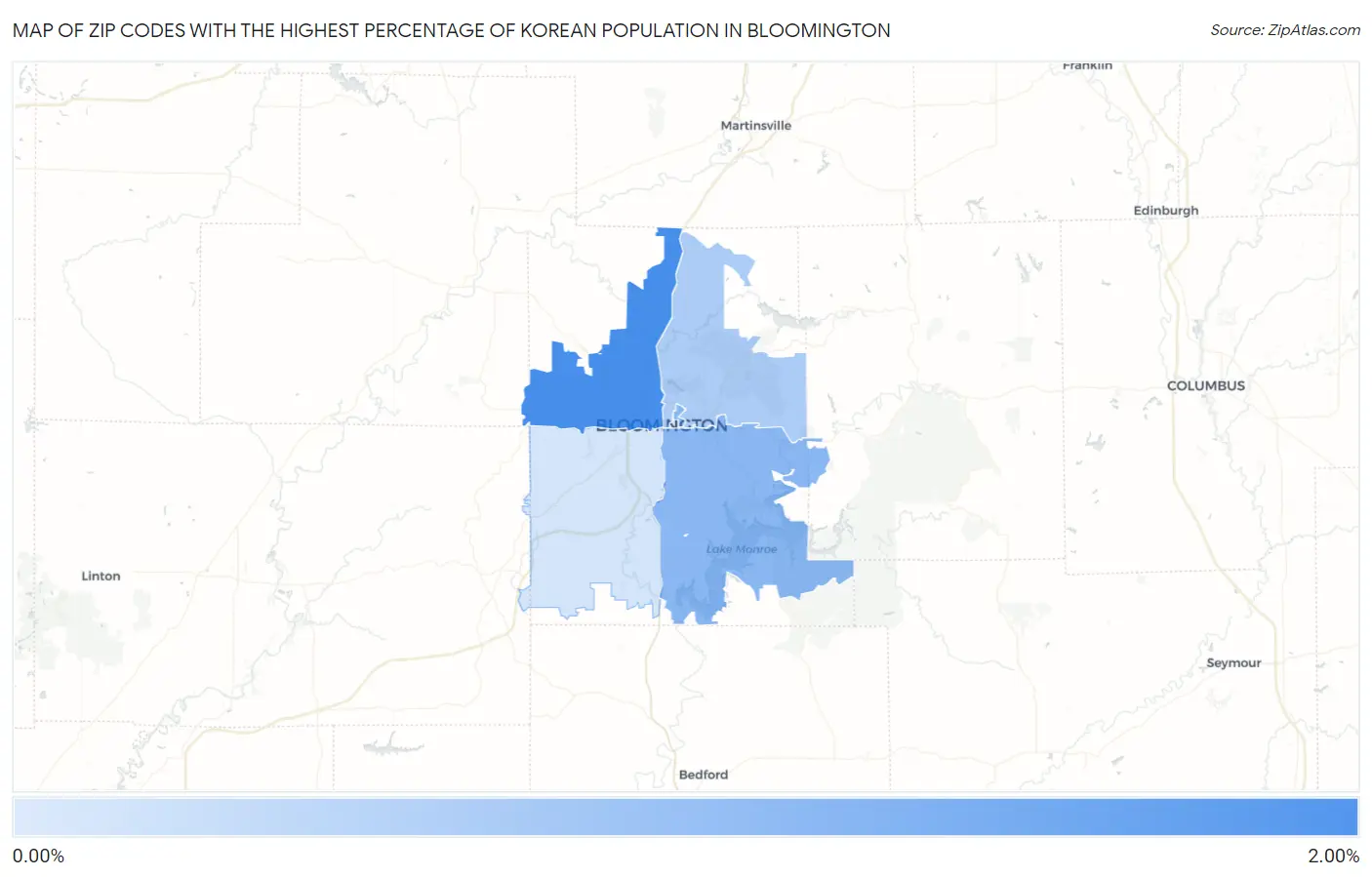 Zip Codes with the Highest Percentage of Korean Population in Bloomington Map