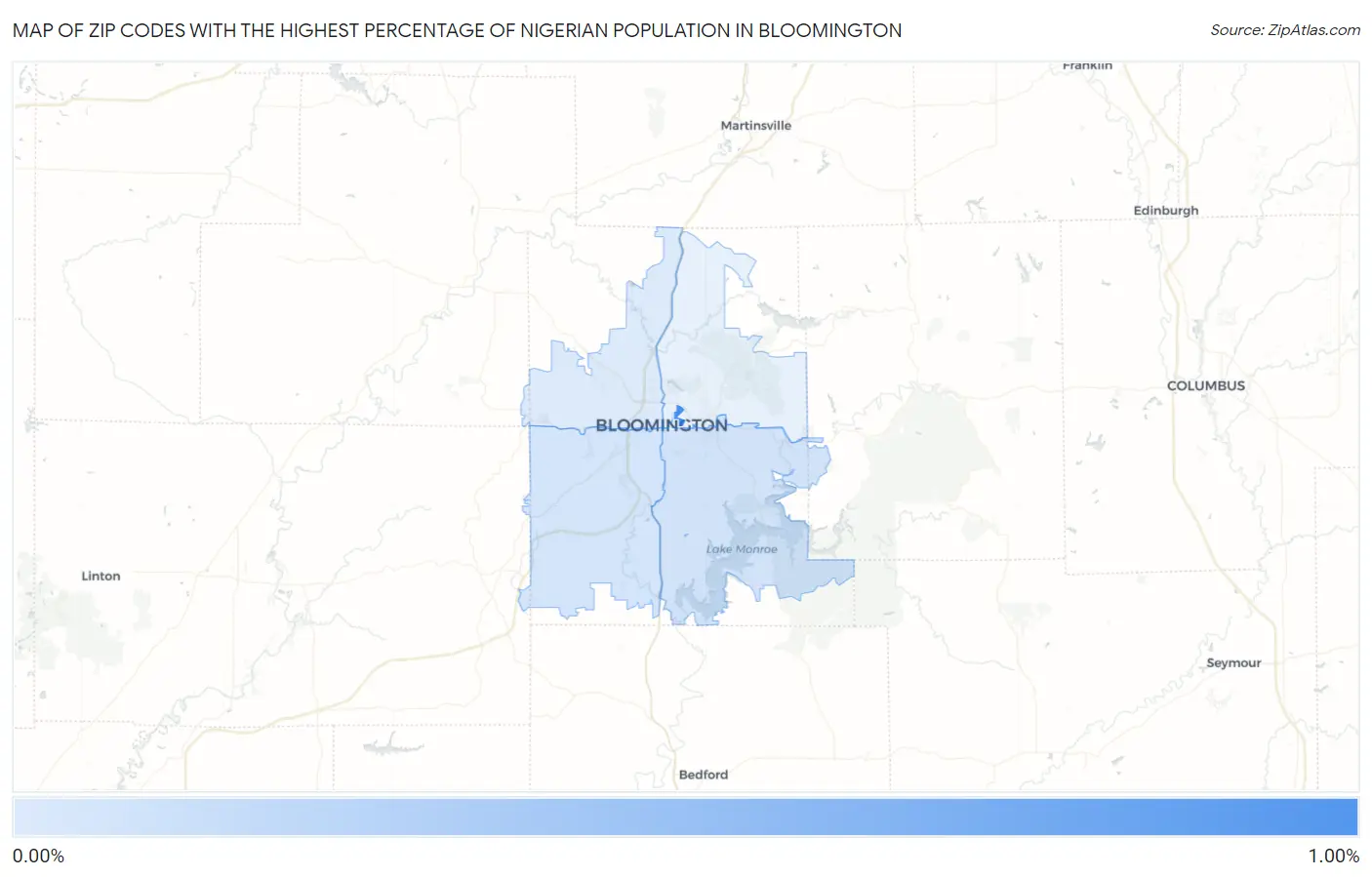 Zip Codes with the Highest Percentage of Nigerian Population in Bloomington Map