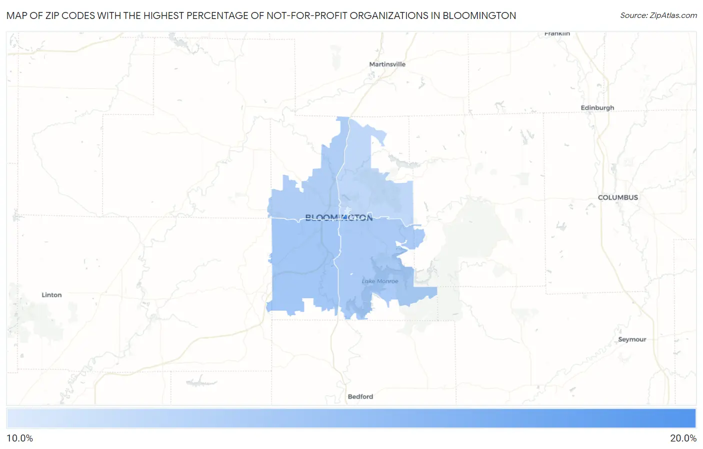Zip Codes with the Highest Percentage of Not-for-profit Organizations in Bloomington Map