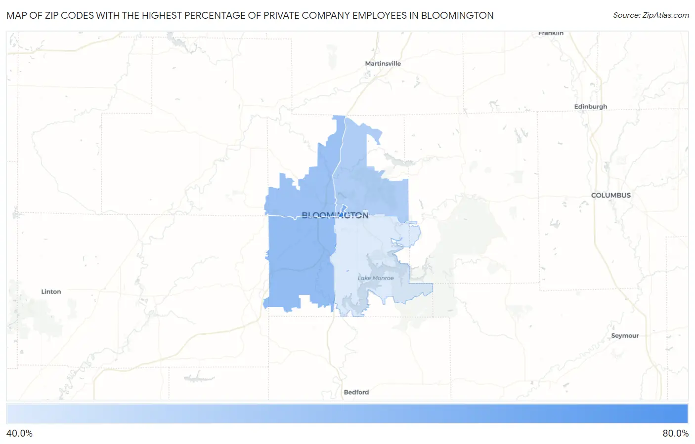 Zip Codes with the Highest Percentage of Private Company Employees in Bloomington Map