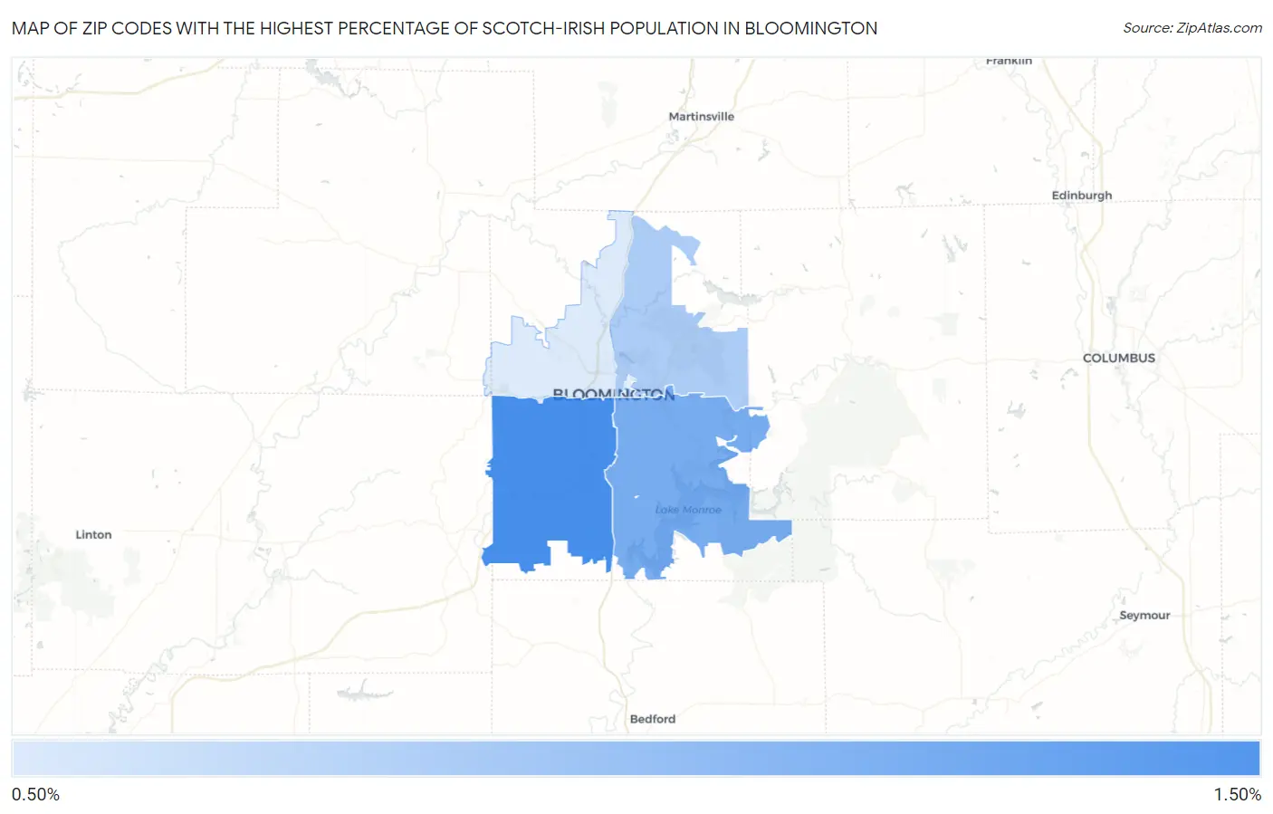 Zip Codes with the Highest Percentage of Scotch-Irish Population in Bloomington Map