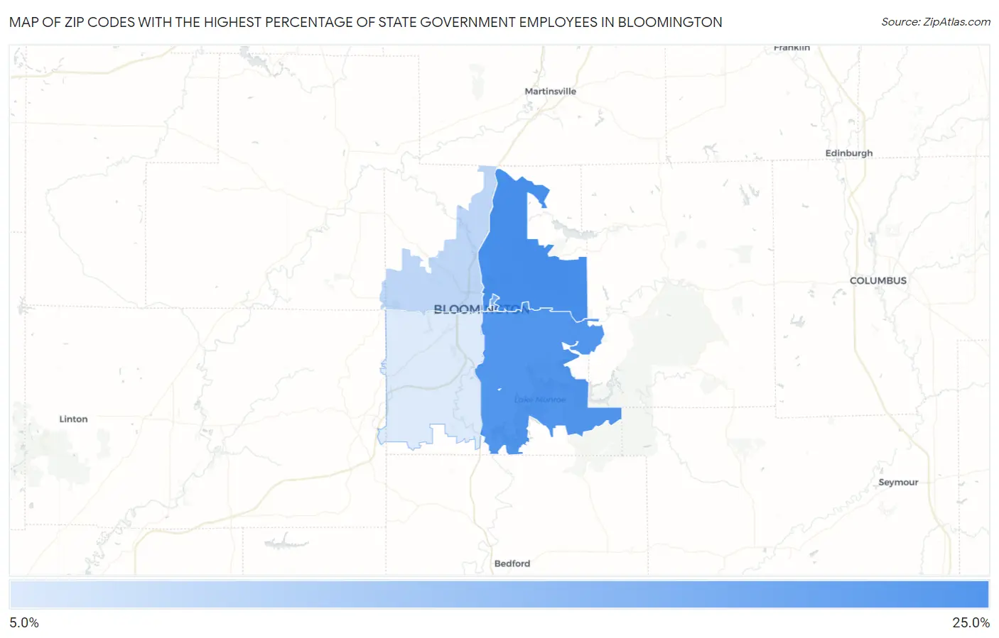Zip Codes with the Highest Percentage of State Government Employees in Bloomington Map