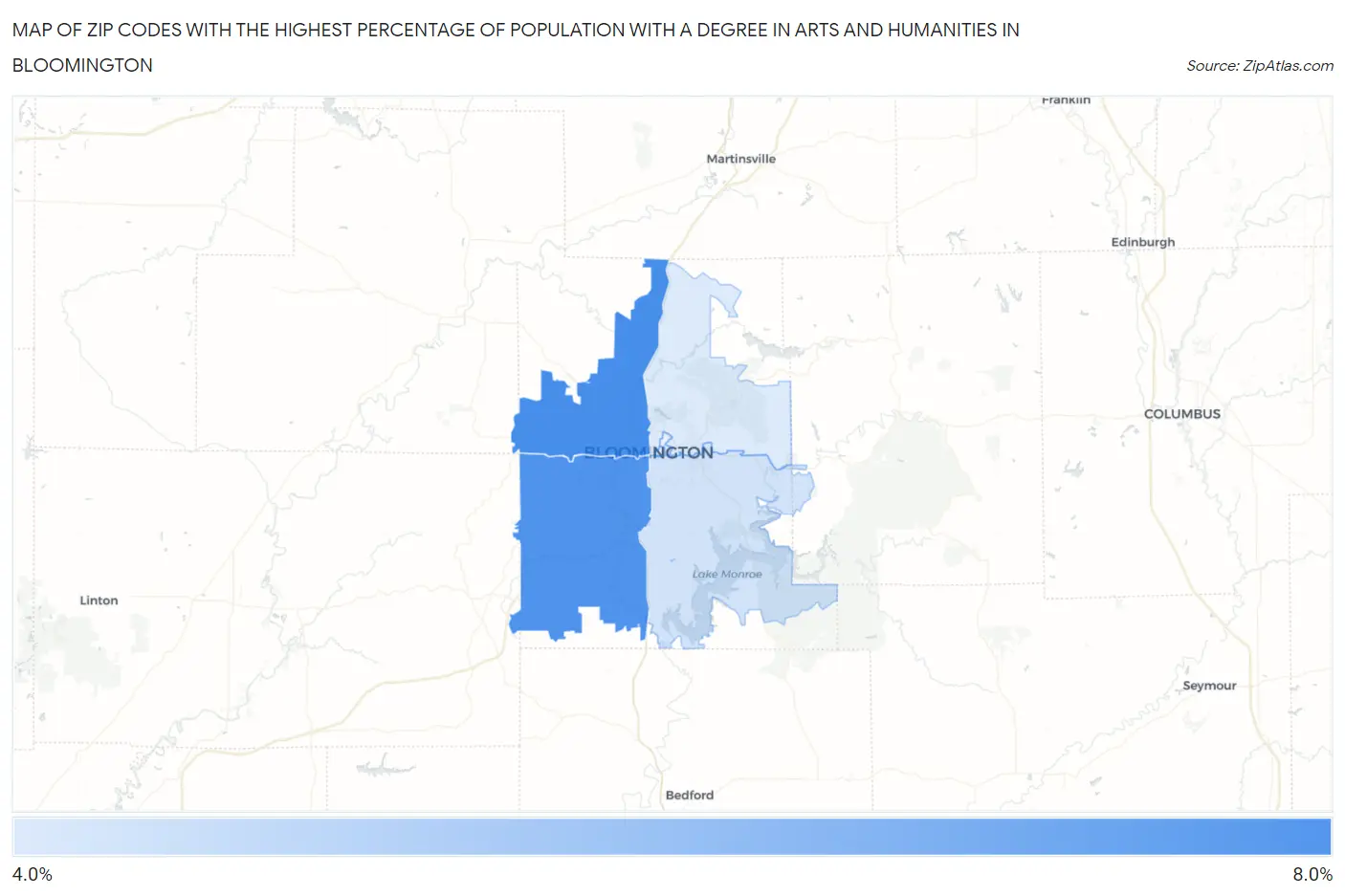 Zip Codes with the Highest Percentage of Population with a Degree in Arts and Humanities in Bloomington Map