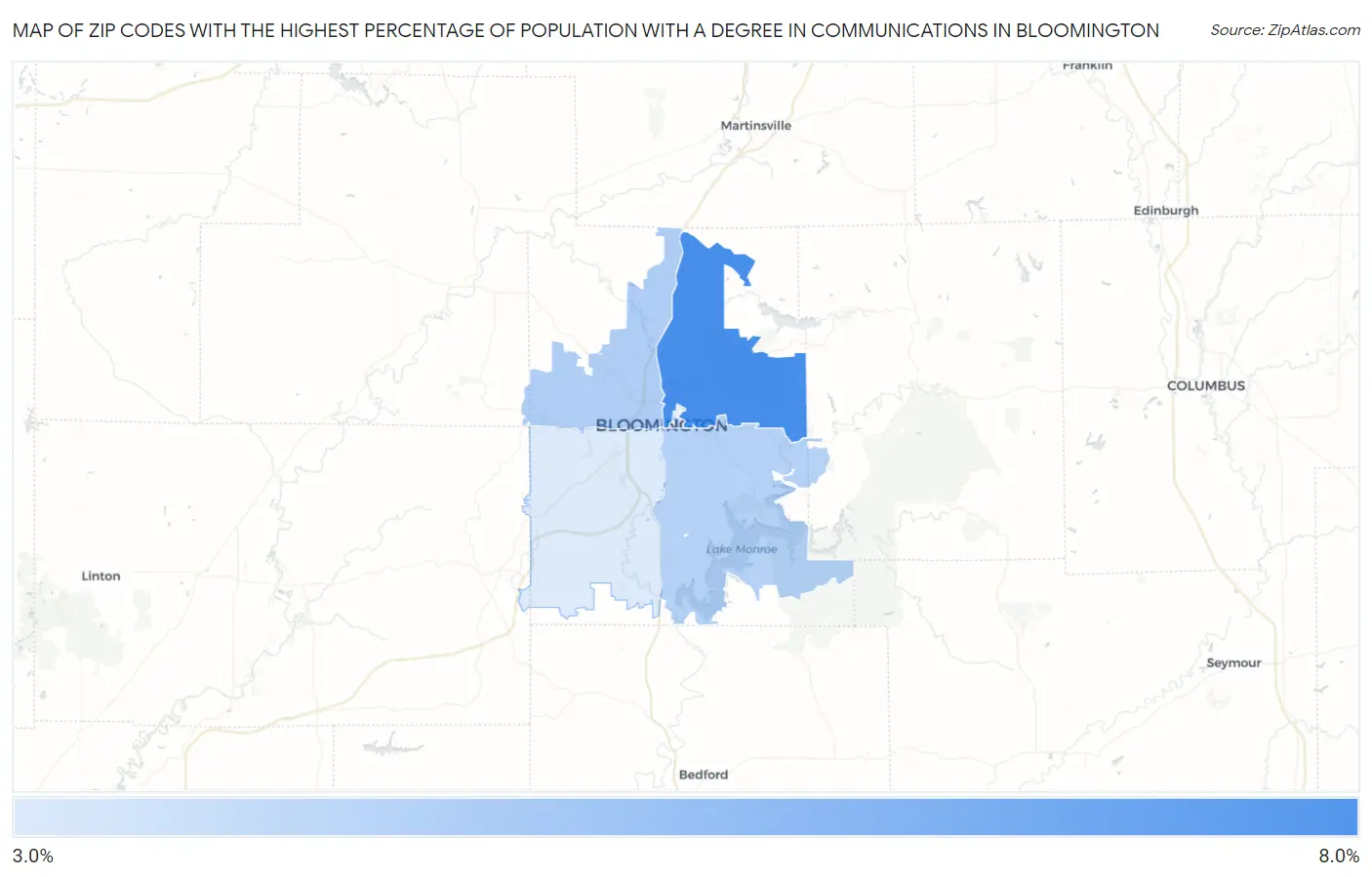Zip Codes with the Highest Percentage of Population with a Degree in Communications in Bloomington Map