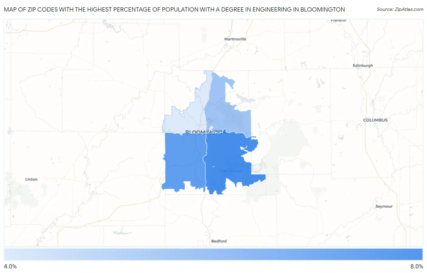 Zip Codes with the Highest Percentage of Population with a Degree in Engineering in Bloomington Map