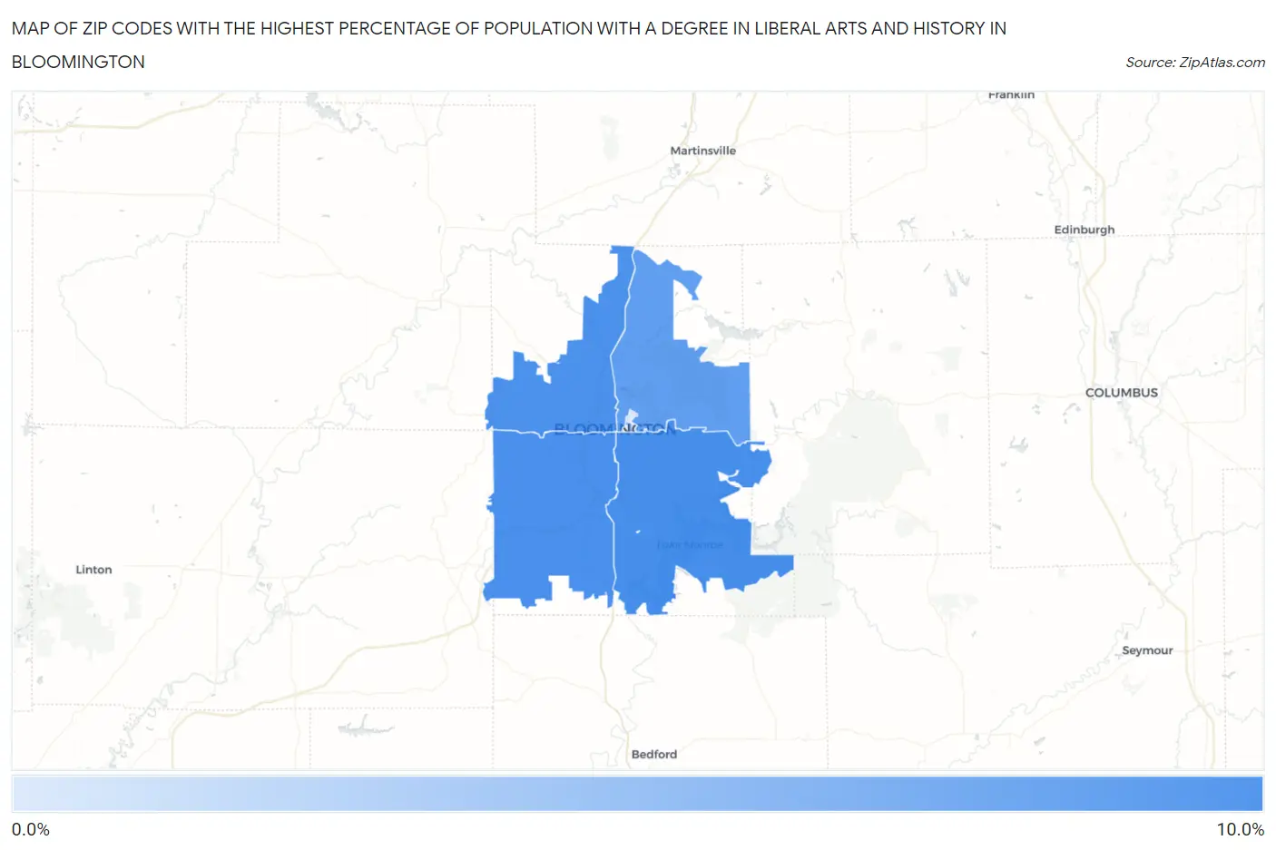 Zip Codes with the Highest Percentage of Population with a Degree in Liberal Arts and History in Bloomington Map