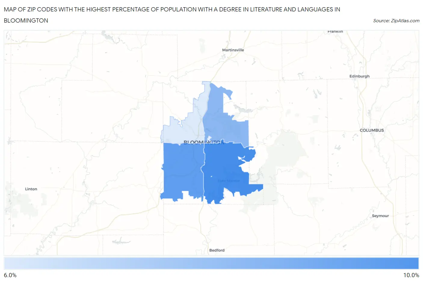 Zip Codes with the Highest Percentage of Population with a Degree in Literature and Languages in Bloomington Map