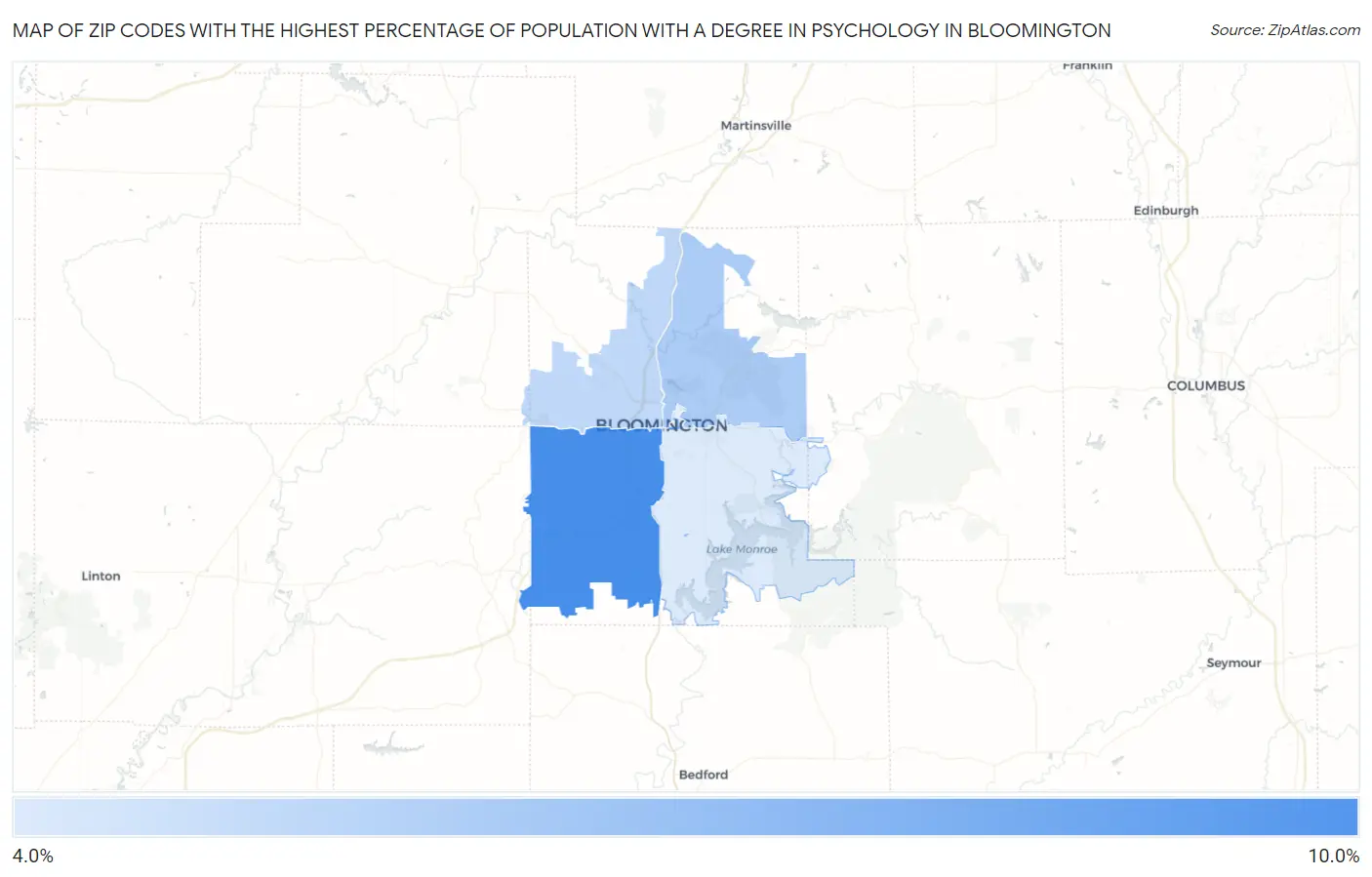 Zip Codes with the Highest Percentage of Population with a Degree in Psychology in Bloomington Map