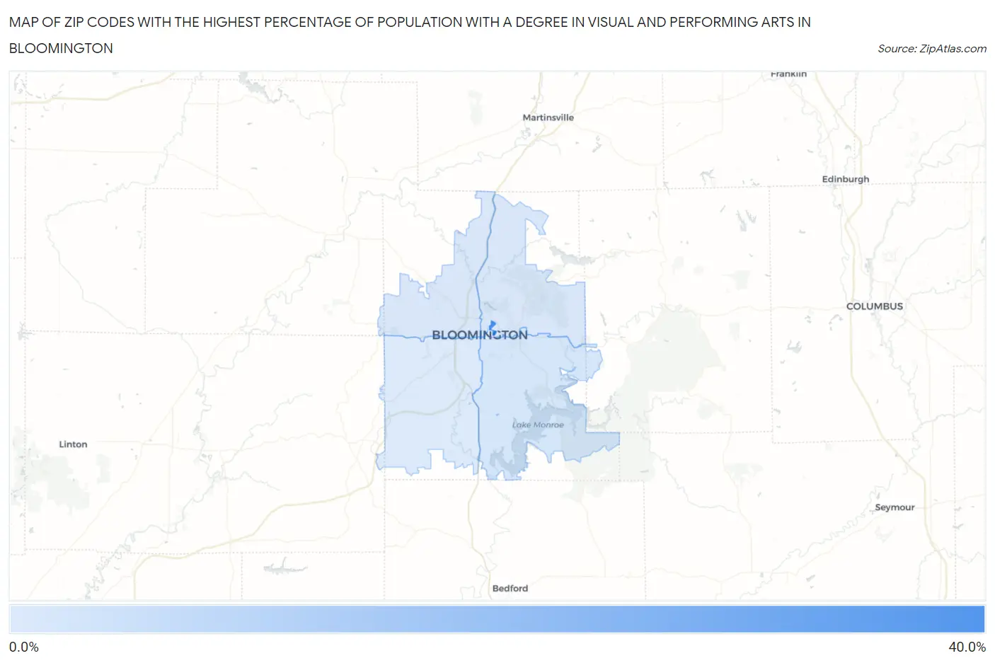 Zip Codes with the Highest Percentage of Population with a Degree in Visual and Performing Arts in Bloomington Map