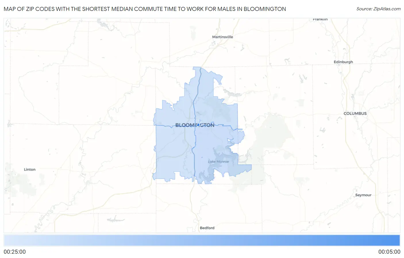 Zip Codes with the Shortest Median Commute Time to Work for Males in Bloomington Map