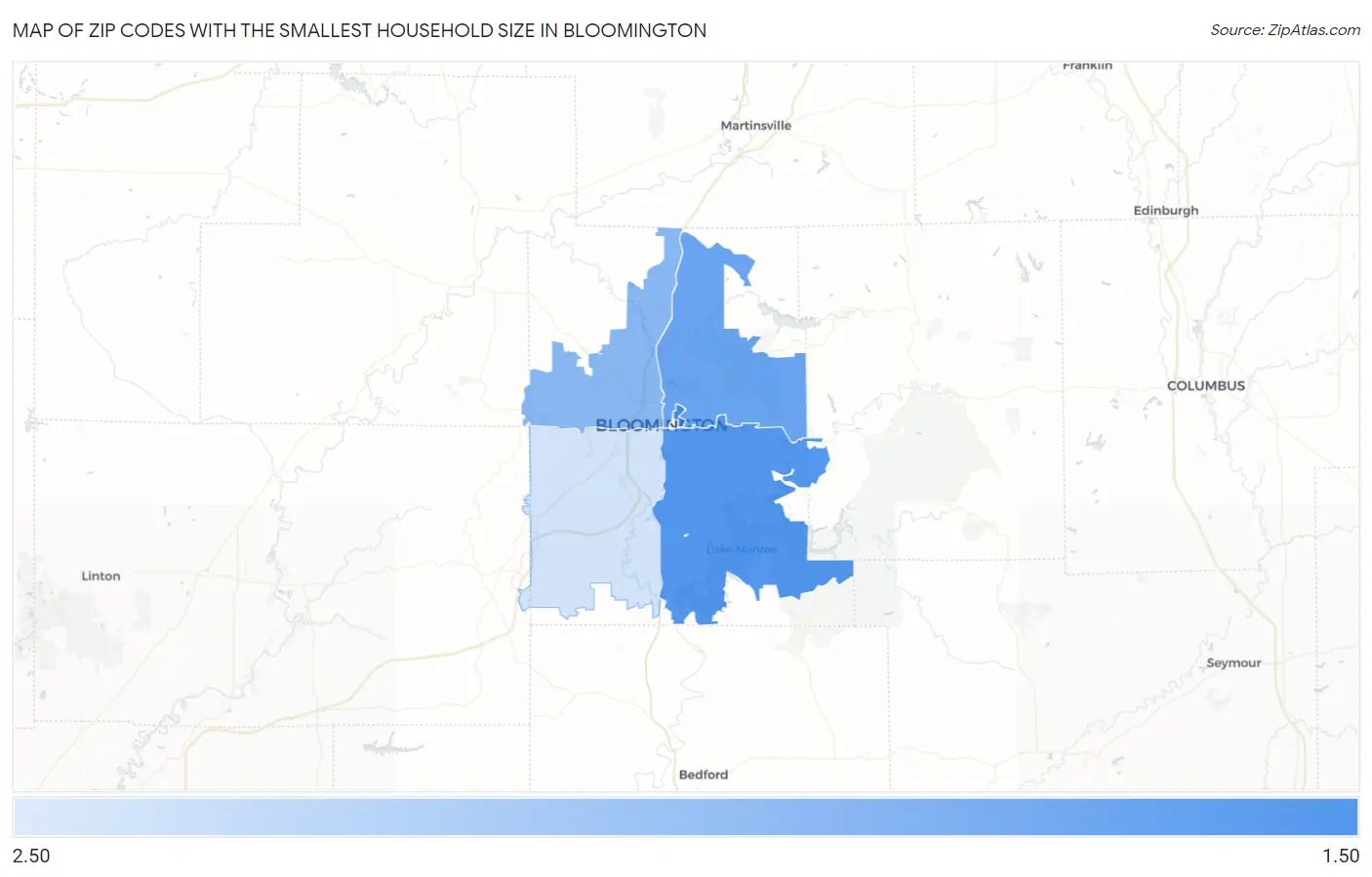 Zip Codes with the Smallest Household Size in Bloomington Map