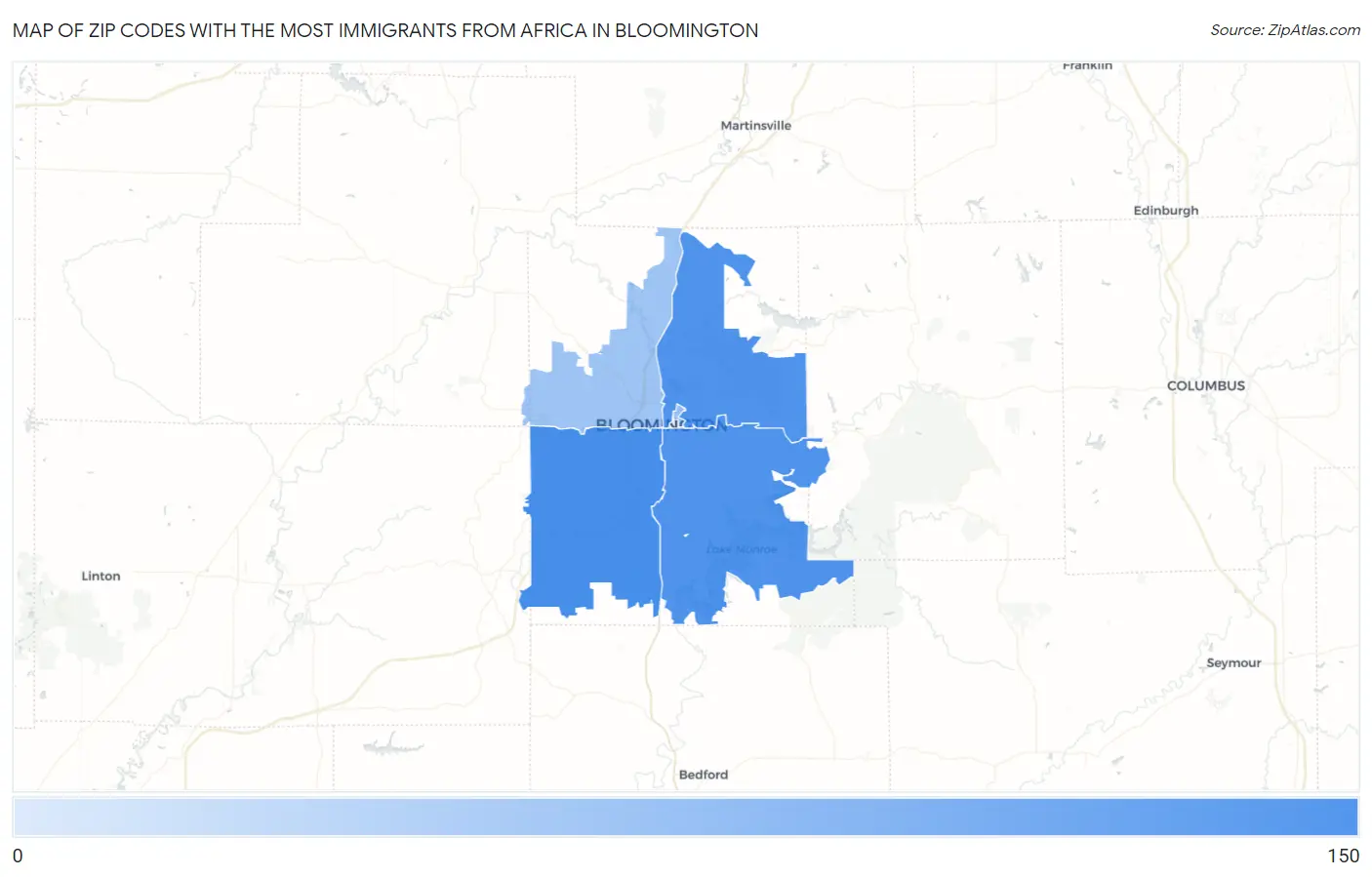 Zip Codes with the Most Immigrants from Africa in Bloomington Map