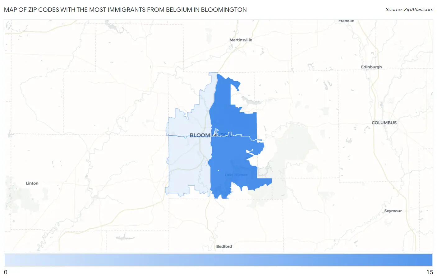 Zip Codes with the Most Immigrants from Belgium in Bloomington Map
