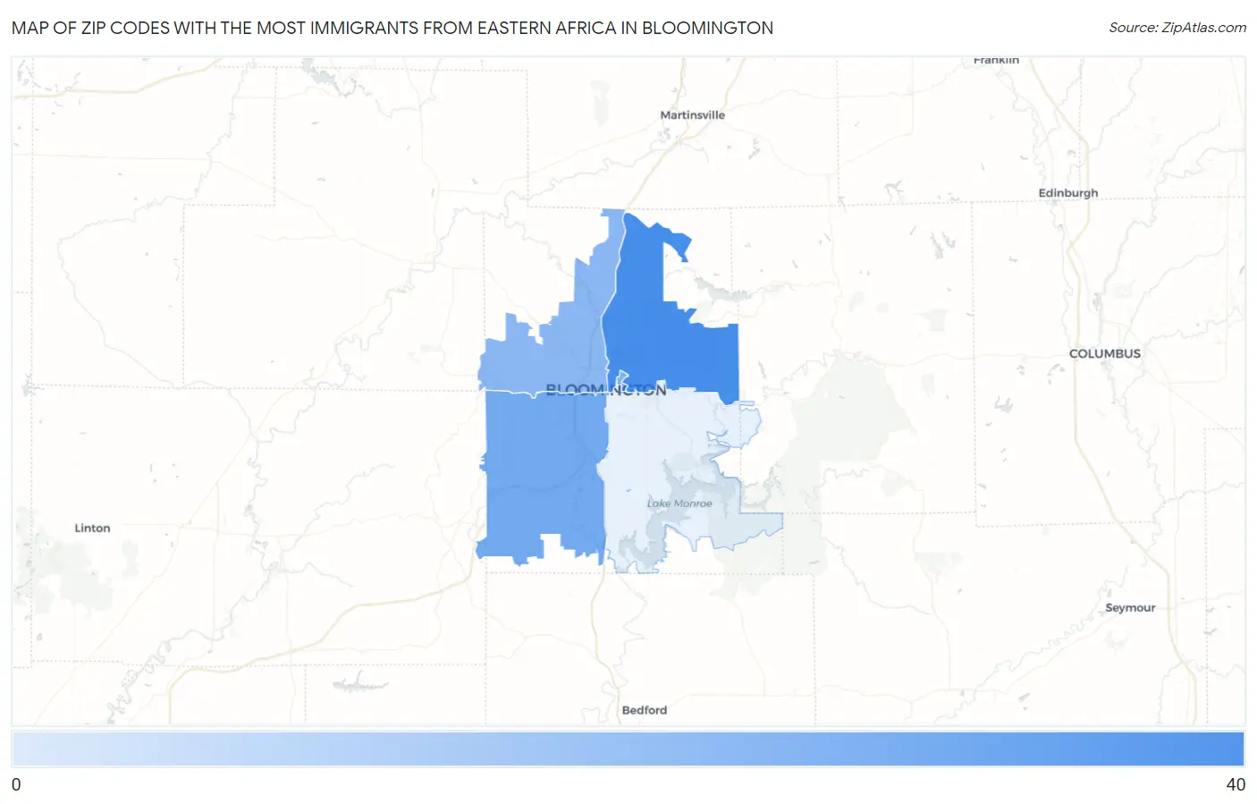 Zip Codes with the Most Immigrants from Eastern Africa in Bloomington Map