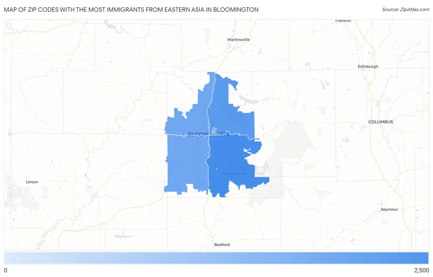 Zip Codes with the Most Immigrants from Eastern Asia in Bloomington Map