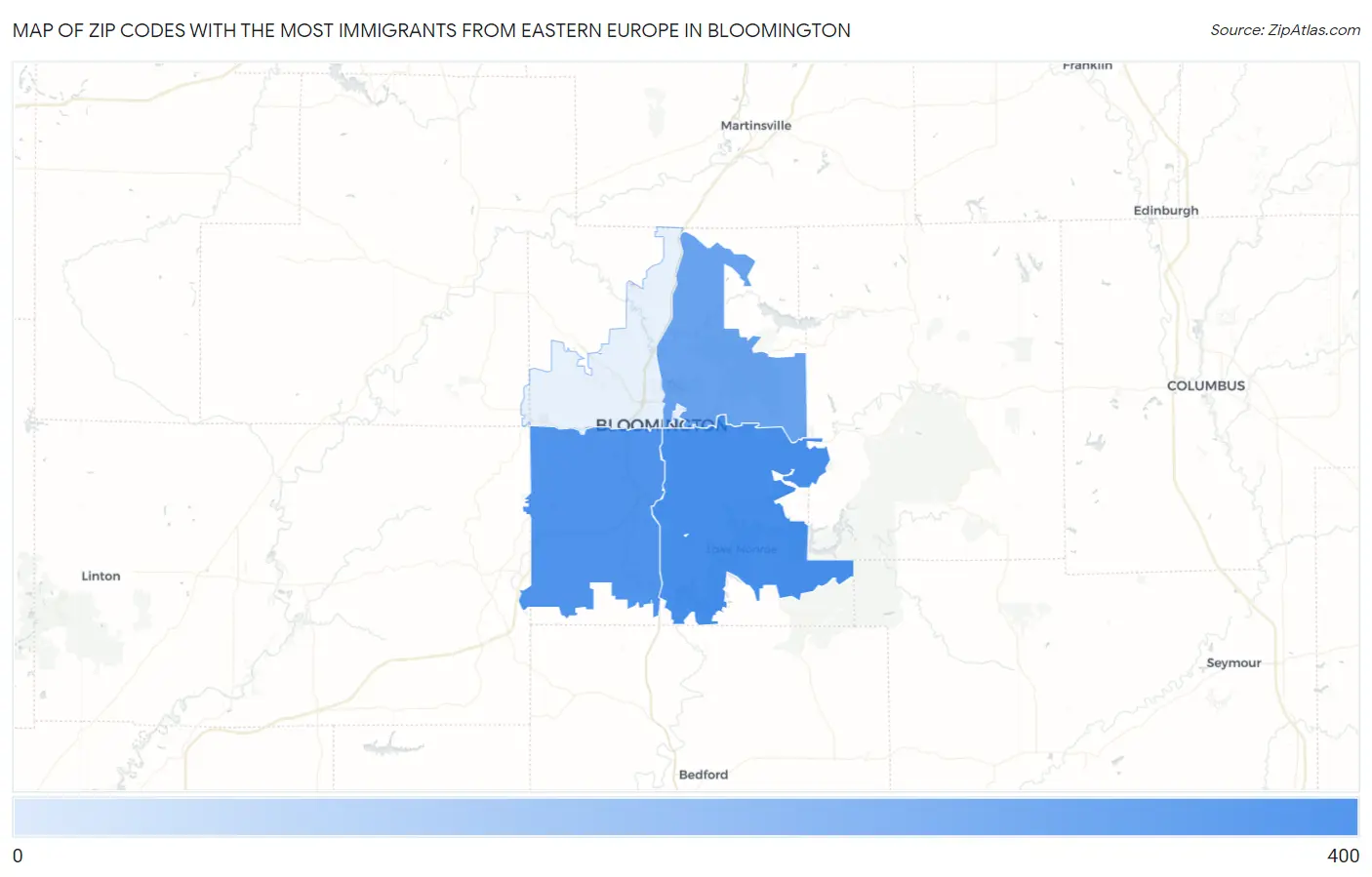 Zip Codes with the Most Immigrants from Eastern Europe in Bloomington Map