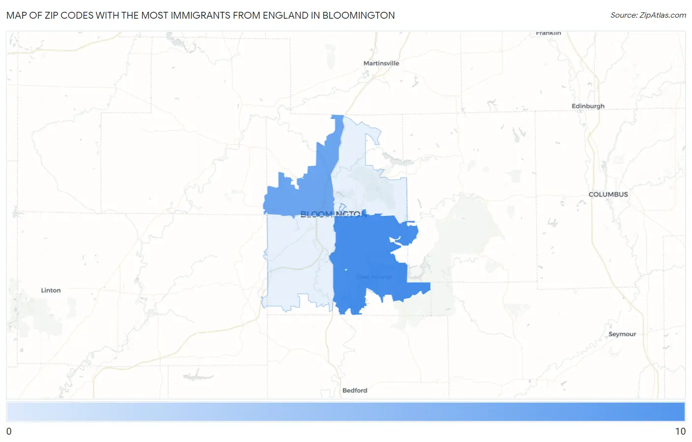 Zip Codes with the Most Immigrants from England in Bloomington Map